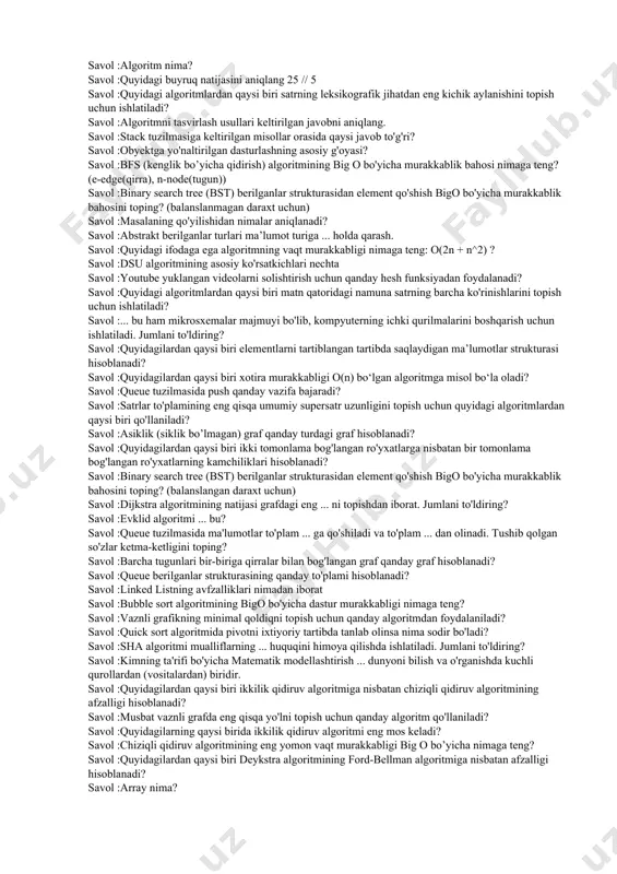 9 ushbu sonlar ketma-ketligida 9 sonini qidirishda chiziqli va ikkilik qidirish algoritmlari orasida taktlar nisbatini nimaga teng? savol :arrayda har bir element aniq ... ga ega. jumlani to'ldiring? savol :quyidagi algoritmda siklning operatorlari necha marta bajariladi? m=36; n=56 while (m != n) { if (m > n) m = m - n; else n = n - m;} savol :ikki sonning eng katta umumiy bo'luvchisini topishni rekursiya usulini ko'rsating savol :fibonachchi sonlarini massiv orqali ifodalash qanday bo'ladi? savol :pivot qiymatidan kichik qiymatlar qaysi tomonga ajratiladi? savol :quyidagilardan qaysi biri deykstra algoritmiga tegishli? savol :agar hisoblash jarayoni biror bir berilgan shartning bajarilishiga qarab turli tarmoqlar bo'yicha davom ettirilsa va hisoblash jarayonida har bir tarmoq faqat bir marta bajarilsa, bunday hisoblash jarayonlariga ....algoritmlar deyiladi savol :int a=5; int b; for (int i=a; i b) {c=a}; else {c=b} console.writeline(c); ushbu algoritmning vaqt murakkabligi nimaga teng? savol :algoritmining ommaviylik xossasi bu - ... savol …