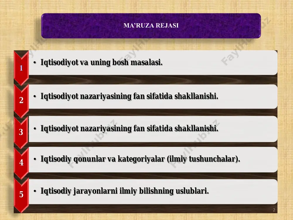 xtiyojlarining cheksizligi resurslarning cheklanganligi iqtisodiyotning doimiy va bosh masalasi 7 extiyojlarning asosiy turlari moddiy nomoddiy birlamchi ikkilamchi 1 • jamiyatning iqtisodiy taraqqiyot darajasi 2 • jamiyatdagi ijtimoiy-iqtisodiy tuzum 3 • tabiiy—geografik sharoitlar 4 • tarixiy-milliy an'analar va urf-odatlar 5 • aholi sonining o‘sishi, uning tarkibidagi o‘zgarishlar 9 jamiyat ehtiyojlarining o‘zgarishiga ta'sir ko‘rsatadigan omillar 10 resurslarnin g asosiy turlari tabiiy resurslar ishchi kuchi resurslari moddiy resurslar pul resurslari iqtisodiyotning to‘rtta ustuni nima? qancha? qanday? kim uchun? • merkantilistlar birinchi bo‘lib muomala sohasi, ya'ni pul muomalasi va savdodagi qonuniyatlarni ochib berdilar. merkantilizm t.man (1571-1641), a.monkret'en de vattevil' (1575-1621), g.skaruffi (1519-1584), d.nore (1641-1691), d.yum (1711-1776), j.b.kol'ber • fiziokratlar, merkantilistlardan farqli o‘laroq, tadqiqot yo‘nalishini ishlab chiqarish sohasiga ko‘chirib, boylikning manbai sifatida faqat qishloq xo‘jaligi sohasidagi mehnat deb ko‘rsatdilar. fiziokratlar maktabi f.kene (1694-1774), v.r.mirabo (1715-1789), dyupon de nemur (1739-1817), ann tyurgo (1727-1781) • qiymatning mehnat nazariyasi kurtaklarini ta'rifladilar. qiymat manbai sifatida mehnat bilan tabiatni qabul …