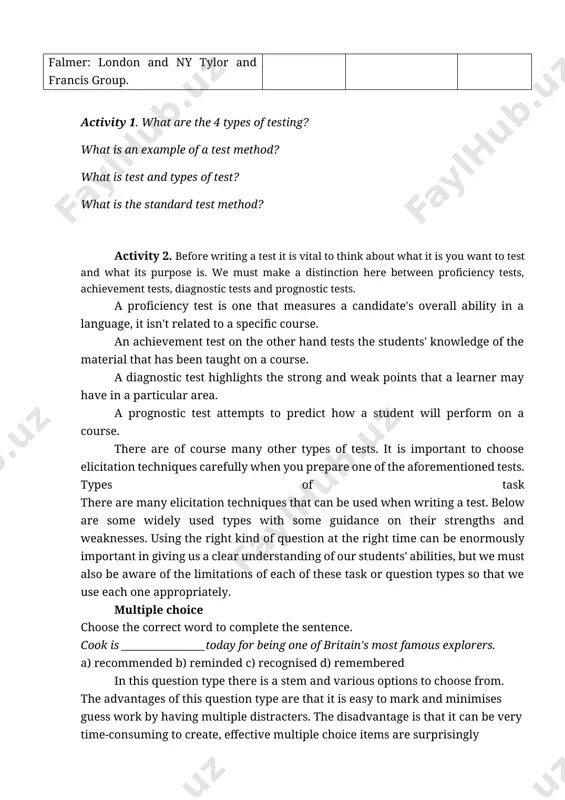 evement tests, diagnostic tests and prognostic tests. a proficiency test is one that measures a candidate's overall ability in a language, it isn't related to a specific course. an achievement test on the other hand tests the students' knowledge of the material that has been taught on a course. a diagnostic test highlights the strong and weak points that a learner may have in a particular area. a prognostic test attempts to predict how a student will perform on a course. there are of course many other types of tests. it is important to choose elicitation techniques carefully when you prepare one of the aforementioned tests. types of task there are many elicitation techniques that can be used when writing a test. below are some widely used types with some guidance on their strengths and weaknesses. using the right kind of question at the right time can be enormously important …