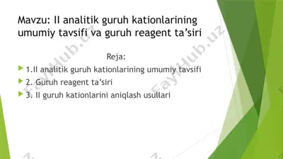 ii analitik guruh kationlarining umumiy tavsifi va guruh reagent ta’siri — PPTX