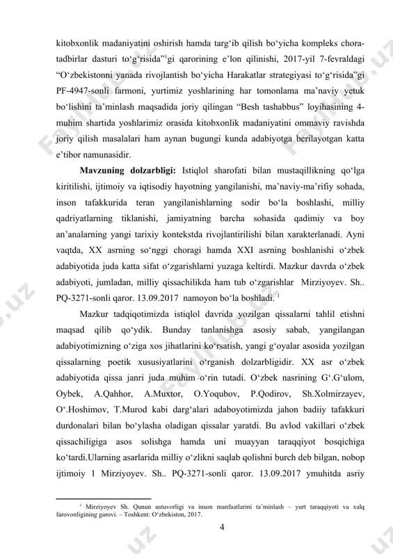 ga xos yangi usullari yaratilib, badiiy tasvir poetikasida birmuncha o‘zgarishlar ro‘y berdi. mazkur ilmiy ishimizda biz yuqorida aytib o‘tilgan adabiyotchi olimlar tomonidan tahlilga tortilmagan qissalarni tanlab oldik va ularning o‘ziga xos xususiyatlarini o‘rganishni maqsad qildik. tadqiqotimizdan chiqarilgan xulosalar qissa janrining taraqqiyot bosqichlarini o‘rganish, o‘zbek qissalarida yoritilgan mavzular, qissa qahramonlari talqiniga bugungi kun nuqtai nazaridan yangicha yondashish hamda o‘zbek qissachiligi yuzasidan keng ko‘lamli tadqiqot olib borishda foydalanish mumkin. tadqiqot natijalari va materiallari maktab va akademik litseylarning o‘quvchi va talabalari uchun xxi asr o‘zbek adabiyoti, hozirgi adabiy jarayonga bag‘ishlangan o‘quv qo‘llanmalar, maxsus kurslar va seminar mashg‘ulotlari kurs ishi maqsadi: kurs ishimizdan ko‘zda tutilgan asosiy maqsad istiqlol davrida yaratilgan qissalarni o‘rganish orqali o‘zbek qissachilik taraqqiyotining muhim tamoyillarini aniqlash hamda milliy qissachilikning istiqbolli yo‘nalishlariga doir yangi ilmiy qarashlarni ilgari surishdan iboratdir. kurs ishi vazifasi: kur ishimizning vazifalari o‘z ichiga quyidagilarni qamrab oladi: – hozirgi o‘zbek qissalarining badiiy saviyasini aniqlash; – qissalarning kompozitsion qurilishini tahlil …