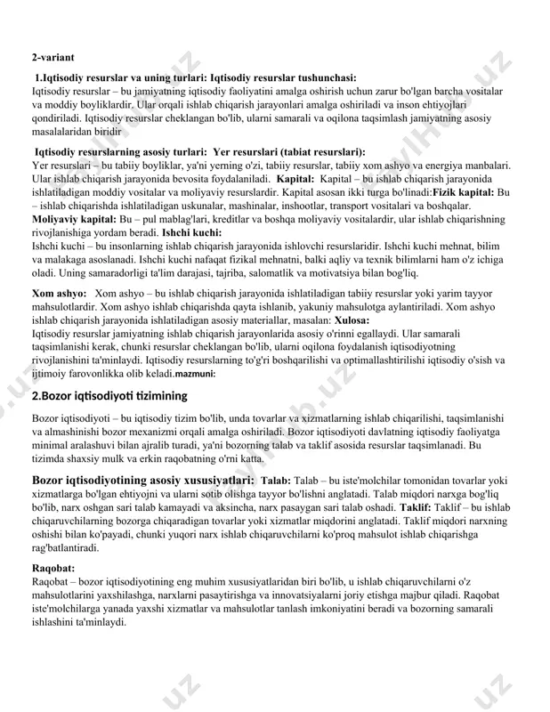 faoliyatini qo'llab-quvvatlashga yordam beradi. afzalliklari: resurslarning samarali taqsimlanishi: bozor mexanizmi orqali resurslar talab va taklif asosida taqsimlanadi, bu esa iqtisodiy o'sishni ta'minlaydi.tanlov erkinligi: iste'molchilar va ishlab chiqaruvchilar o'z manfaatlariga mos ravishda tanlov qilish imkoniyatiga ega bo'lishadi. innovatsiyalar va raqobat: raqobat iqtisodiy o'sishni tezlashtiradi va yangi texnologiyalarni kiritishga undaydi .kamchiliklari: ijtimoiy tengsizlik: bozor iqtisodiyoti, ko'pincha, jamiyatda boylar va kambag'allar o'rtasidagi tafovutni oshiradi. bozor muvaffaqiyatsizligi: ba'zi hollarda bozor mexanizmi noto'g'ri ishlashi mumkin (masalan, tabiat resurslarini haddan tashqari ishlatish yoki monopoliyalar).yordamga muhtoj bo'lganlar: bozor sharoitida ayrim guruhlar (kambag'allar, nogironlar) iqtisodiy hayotga to'liq qo'shila olmaydi va hukumatning aralashuvi talab etiladi. 3.iqtisodiy faoliyat va uning turlari: iqtisodiy faoliyat tushunchasi: iqtisodiy faoliyat – bu jamiyatning resurslardan foydalanib, tovarlar va xizmatlar ishlab chiqarish, taqsimlash, almashish va iste'mol qilish jarayonidir. iqtisodiy faoliyat jamiyatning barcha a'zolari tomonidan amalga oshiriladi va iqtisodiyotning o'sishiga hissa qo'shadi. ishlab chiqarish: ishlab chiqarish – bu inson ehtiyojlarini qondirish uchun tovarlar va xizmatlar yaratish jarayonidir. …