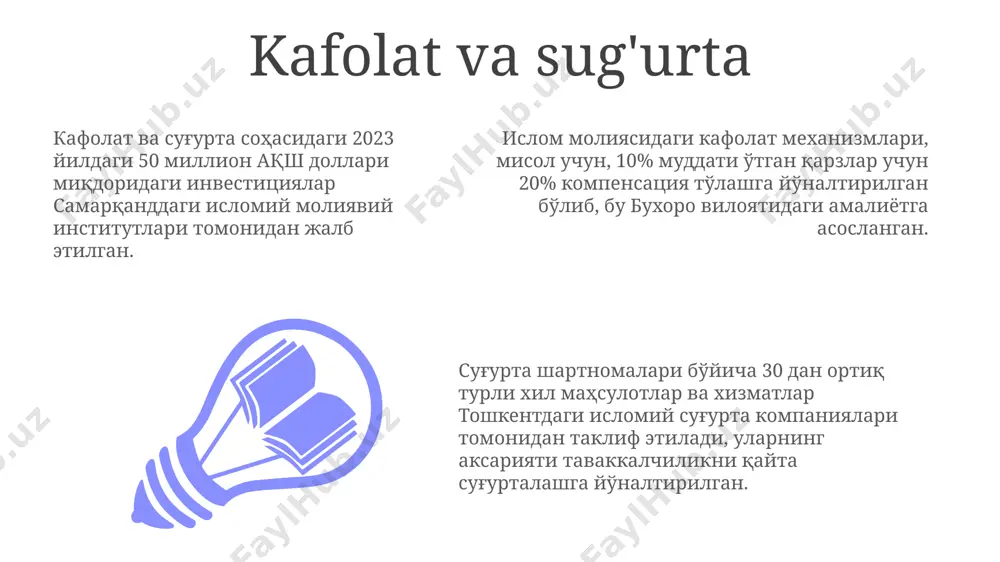 дан 5 йилгача бўлиши мумкин, бу ҳужжатда аниқ кўрсатилиши керак ва ислом ҳуқуқи меъёрларига мос келиши зарур. ваколатни бекор қилиш, масалан, вакилнинг ўз вазифаларини лозим даражада бажармаслиги туфайли, мисрдаги шартноманинг 7-моддасига асосланиб амалга оширилиши мумкин. islom moliyaviy vositalarining ta'rifi islom moliyaviy vositalari, masalan, 200 dan ortiq turdagi murabbah, ijara va mudarabah kabi shartnomalarni o'z ichiga oladi, ularning barchasi shariat qonunlariga muvofiq 57 ta mamlakatda qo'llaniladi. islom moliyaviy vositalarining asosiy xususiyati foizlarning taqiqlanishi bo'lib, uning o'rniga foyda ulushishi (profit sharing) mexanizmi, masalan, 40/60 nisbatida, saudiya arabistoni kabi mamlakatlarda keng qo'llaniladi. islom moliyaviy bozori 2023 yilda taxminan 2,3 trillion aqsh dollarini tashkil etdi va malaziya, pokiston va indoneziya kabi mamlakatlar ushbu sohada faol ishtirok etmoqda. istisna (buyurtma asosida ishlab chiqarish) istisna shartnomasining muhim jihatlaridan biri – 20-moddadagi tovar sifatini kafolatlash va yetkazib berish muddatlarining aniq belgilanganligi, masalan, saudiya arabistonidagi savdo bitimlarida keng qo'llaniladi. istisna asosida amalga oshirilayotgan qurilish loyihasi (masalan, 1000 kvadrat …