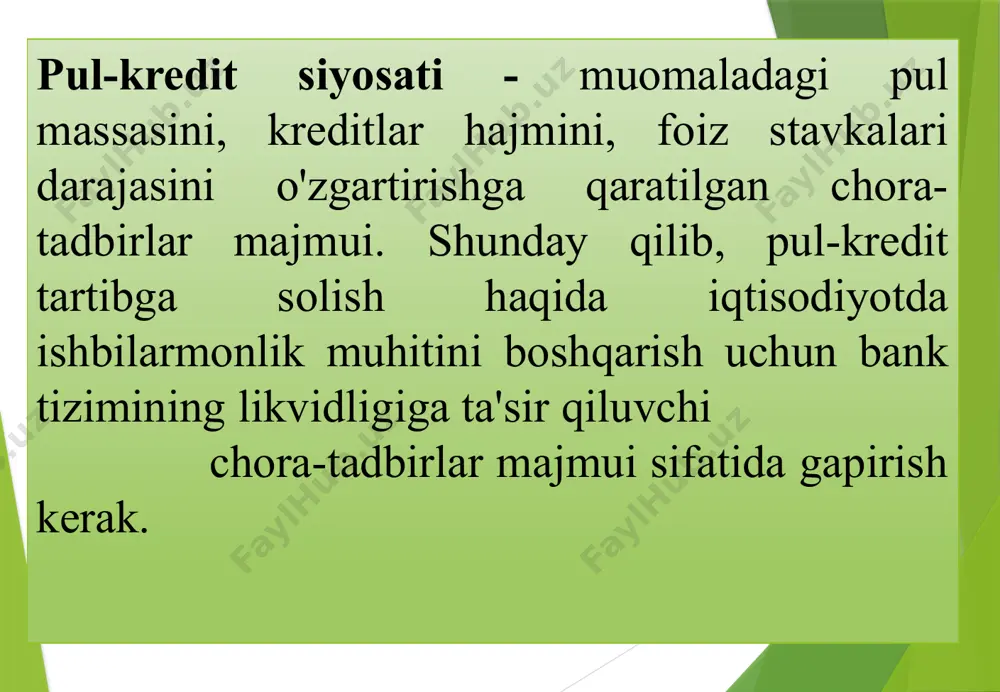 iy holati bankning moliyaviy oqimlar mutanosibligini, to‘lov qobiliyatini, likvidliligi va rentabelli faoliyatini saqlab turish uchun mablag‘larning yetarliligini, shuningdek barcha prudensial normativlar bank tomonidan bajarilishini ifodalovchi holati; “prudensial ” tushunchasi ehtiyotkor, uzoqni ko‘radigan degan ma’nolarni anglatib, “nazorat” so‘zi bilan birga qo‘llanilganda kredit tashkilotlari faoliyatida yuzaga kelishi mumkin bo‘lgan xatarlar va muammolarni bartaraf qilishga imkon beruvchi masofadan nazorat ma’nosini anglatadi markaziy banklar tomonidan bajariladigan operatsiyalar quyidagi to’rt guruhga (turga) bo’linadi: banknotlarning monopol emissiyasini amalga oshirish; markaziy bank- banklar banki hisoblanadi; markaziy bank- xukumat bankiri hisoblanadi; markaziy bank pul - kredit munosabatlarini tartibga soladi va bank nazoratini amalga oshiradi. markaziy bank kredit moliya-tizimining barqarorligini ta’minlash, uning alohida bo’g’inlarining birinchi navbatda tijorat banklari faoliyatini barqarorligini ta’minlash mamlakat markaziy bankning asosiy vazifasi hisoblanadi. markaziy bankning yana bir asosiy vazifalaridan kredit organlari (tizimini) faoliyatini tartibga solish va umumlashtirishdan iboratdir. markaziy bank quyidagilarni amalga oshiradi: pul taklifi (pul massasi)ni o‘zgartiradi va nazorat qiladi; foiz stavkasi darajasini o‘zgartiradi …