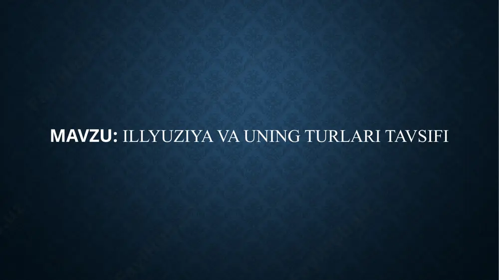 chiziqlar uchlaridagi strelkalar tufayli bir- biridan farqli ko’rinad, ponzo illyuziyasi- fonning chiziqli perspektivasi sababli obyektlar o’lchami notog’ri qabul qilinadi. optik illyuziyalar – masalan, harakatasiz tasvir harakatlanayotgandek tuyuladi. auditiv[eshitish] illyuziyalar bu turdagi illyuziyalar tovushlar bilan bog’liq.inson mavjud bo’lgan tovushni boshqa tovush deb eshitadi yoki mavjud bo’lmagan tovushni eshitgandek bo’ladi.masalan, ba’zan odam o’z ismini chaqirgandek eshitadi,lekin aslida bunday tovush bo’lmaydi. musiqa ichida notog’ri nota eshitilishi va h.k taktik[teginish]illyuziyalar jismoniy tegish hissi notog’ri idrok qilinadi.odatda bu turdagi illyuziyalar harorat yoki bosim bilan bog’liq bo’ladi.masalan, bir vaqtning o’zida issiq va sovuq narsaga teginganda,og’riq yoki notog’ri sezgi paydo bo’ladi. olfaktor[hid] va gustator[ta’m] illyuziyalar masalan,biror narsaning hidi notog’ri talqin qilinadi; masalan,yoqimsiz hid yoqimli hiddek tuyuladi subyektiv illyuziyalar sub’ektiv illyuziyalar odamning ayni chog'dagi hissiy holati bilan bogmiq bomadi. boshqacha qilib aytganda, odamning hissiy holatida ro‘y beradigan o'zgarishlar idrok jarayoniga ta’sir qiladi. masalan, yuqorida aytib o'tilganidek, odam kechasi yolgmz ko‘chada qo‘rqib ketayotgan bomsa, har bir sharpa uning qo‘rqinch …