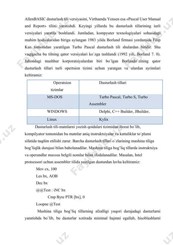 illarida protsessor buyruqlarini mnemonik kodlarga(buyruqqa mos qisqartirilgan so`zlar) almashtirilgan. assembler tili bunga misoldir. o`rta darajadagi dasturlash tillarida ham bir protsessor operatsiya deyarli bir buyruqqa mos keladi. ko`rib turganingizdek, assembler tili mashina kodidan bir pog’ona yuqorida turadi xolos. yuqori darajadagi dasturlash tillari esa, asosan, dasturlash jarayonini tezlashtirish uchun yaratilgan. shuni eslatib o`tish lozimki, har qanday dastur bajarilishidan oldin mashina kodiga o`tkaziladi. ushbu darajadagi dasturlash tillarida yozilgan dastur ma’lum ma’noli so`zlardan(odatda ingliz tilidagi) tashkil topadi. ko`rib turibsizki, dastur qismi ingliz tilidagi ma’noli so`zlardan tashkil topgan. hozirgi zamonaviy tillarning barchasi yuqori darajaga mansub. kompilyatsiya va interpretatsiya qilinuvchi tillar dasturlash tillari komputerda bajarilishiga qarab kompilyatsiya qilinuvchi interpretatsiya qilinuvchi dasturlash tillari komputerda bajarilishiga qarab kompilyatsiya qilinuvchi va interpretatsiya qilinuvchi tillarga bo`linadi. kompilyatsiya qilinuvchi dasturlash tillarida dastur kodi kompilyator tomonidan mashina kodiga o`tkaziladi. operatsion tizim(ot) esa, shu kodni to`g’ridan-to`g’ri ishlataveradi. kompilyatsiya jarayoni komputer protsessori va ot talablariga mos ravishda amalga oshiriladi. shuning uchun, bir ot uchun …