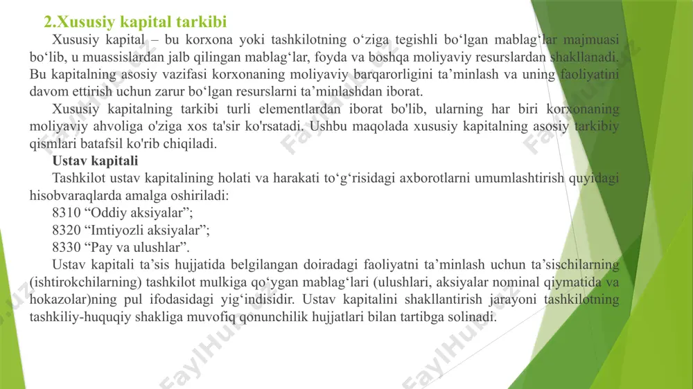 bo‘yicha tuzatishlar” hisobvarag‘ida mulklarni qayta baholash natijasida vujudga kelgan o‘zgarishlar hisobga olinadi. mulklarni qayta baholash natijasida rezerv kapitalining shakllanishi va to‘ldirilishi 8510 “uzoq muddatli aktivlarni qayta baholash bo‘yicha tuzatishlar” hisobvarag‘ining kreditida qayta baholash natijasida qiymati oshgan mulklarni hisobga oluvchi hisobvaraqlar bilan bog‘langan holda aks ettiriladi. agar qayta baholash natijasida mulklarning qiymati kamaysa, kamaygan summa o‘sha mulkning navbatdagi qiymati oshishi hisobiga to‘ldiriladi va u 8510 “uzoq muddatli aktivlarni qayta baholash bo‘yicha tuzatishlar” hisobvarag‘ining debetida aks ettiriladi. shu mulkning avvalgi qayta baholashdagi qiymatidan oshgan arzonlashtirilgan summa xarajat sifatida tan olinadi va 9430 “boshqa operatsion xarajatlar” hisobvarag‘ida aks ettiriladi. mulkni qayta baholash bo‘yicha jamlangan summaning ta’sischilar o‘rtasida taqsimlanishi 8510 “uzoq muddatli aktivlarni qayta baholash bo‘yicha tuzatishlar” hisobvarag‘ining debetida 6620 “chiqib ketayotgan ta’sischilarga ulushlari bo‘yicha qarz” hisobvarag‘i bilan bog‘langan holda aks ettiriladi sotib olingan xususiy aksiyalar keyinchalik qayta sotish yoki bekor qilish maqsadida sotib olingan xususiy aksiyalarning holati va harakati to‘g‘risidagi axborotlarni umumlashtirish quyidagi …