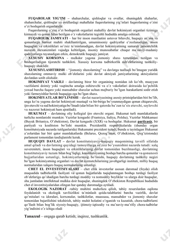 olishi va kafolatlashini anglatadi. qonun – davlat hokimiyatining oliy vakillik organi tomonidan yoki bevosita xalqning xohish - irodasiga ko’ra (masalan, referendum o’tkazish yo’li bilan) qabul qilingan va qoida tariqasida, eng muxim ijtimoiy munosabatlarni tartibga soluvchi yuridik hujjat. qonun loyihasi – qonun chiqaruvchi organga qabul qilish uchun taklif qilinayotgan yoki referendumda ko’rishga kiritish uchun tayyorlangan qonunning matni. qonun chiqaruvchi hokimiyat – bu konstitutsiyada mustahkamlangan oliy davlat vakillik idorasining qonunlar qabul qilish, ularni o’zgartirish va bekor qilish bo’yicha alohida vakolatlari hisoblanadi. qonun chiqaruvchi hokimiyatning asosiy vazifasi xalqning (jamiyatning) irodasini qonun shaklida ifoda etishdir. qonuniylik – bu jamiyatdagi barcha huquq sub’ektlari tomonidan qonun va qonun osti hujjatlariga to’la rioya qilinishidir. qonunni e’lon qilish – qonunni ma’lum nashrda bosib chiqarish yo’li bilan hammaga ma’lum qilish. qonunni e’lon qilishning rasmiy va norasmiy turlari farqlanadi. ini oshirishda katta ahamiyatga ega. lizing - moliyaviy ijaraning alohida turi bo’lib, unda bir taraf (lizing beruvchi) ikkinchi tarafning (lizing oluvchining) …