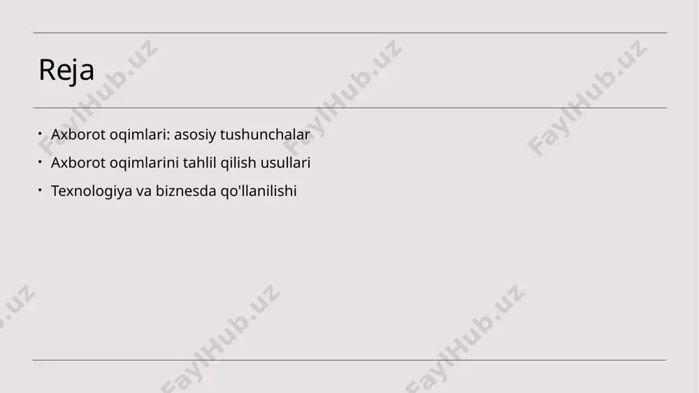onlarida muhim ahamiyatga ega, chunki u ma'lumotlar asosida qarorlar qabul qilishni ta'minlaydi. mijozlarni anglash axborot oqimlari tahlili mijozlarning ehtiyoj va xohishlarini aniqlashda yordam beradi, bu esa marketing strategiyalarini yaxshilaydi va sotuvlarni oshiradi. raqobat ustunligi axborot oqimlarini tahlil qilish orqali korxonalar raqobat ustunligini qo'lga kiritadi, chunki ular bozor tendentsiyalarini tezda o'rganish imkoniyatiga ega bo'ladi. axborot oqimlarining biznesda samaradorligini oshirish usullari. axborotni optimallashtirish axborot oqimlarini optimallashtirish, ish jarayonlarini tezlashtiradi va ma'lumotlarni samarali boshqaradi, bu esa biznesning umumiy samaradorligini oshiradi. ma'lumotlarni segmentlash ma'lumotlarni segmentlash orqali bizneslar, mijozlar ehtiyojlarini aniqroq aniqlab, ularga mos takliflar yaratishi va marketing strategiyalarini optimallashtirishi mumkin. innovatsion texnologiyalar innovatsion texnologiyalar, masalan, sun'iy intellekt va big data, axborot oqimlarini tahlil qilishda samaradorlikni oshirib, raqobatbardoshlikni kuchaytiradi. texnologik innovatsiyalar va axborot oqimlarini tahlil qilish. texnologik yangiliklar ma'lumotlarni tahlil qilish innovatsion yondashuvlar texnologik yangiliklar, axborot oqimlarini tahlil qilish jarayonini tezlashtiradi va samaradorligini oshiradi. masalan, sun'iy intellekt algoritmlari yordamida ma'lumotlar chuqur tahlil qilinadi. zamonaviy texnologiyalar, …