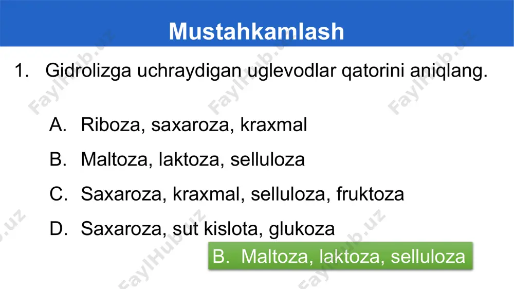 ‘lishini quyidagicha ifodalash mumkin: ch2 – oh c c c c o c h h oh h h h oh oh oh oh ch2 – oh c c c c o c h h oh h h h oh oh oh oh kraxmal nh2o + ch2 – oh c c c c o c h h o h h h o oh oh ch2 – oh c c c c o c h h h h h o …. oh oh kraxmal kraxmal hosil bo‘lishi polikondensatsiya reaksiyasi asosida boradi. ya’ni kichik molekulyar modda sifatida glukoza molekulasidan, yuqori molekulyar birikmali kraxmal hosil bo‘ladi va qo‘shimcha mahsulot sifatida h2o hosil bo‘ladi. kraxmal – oq kukunsimon modda. sovuq suvda erimaydi, lekin issiq suvda bo‘kib kleyster hosil qiladi. kimyoviy xossalari kraxmal uchun sifat reaksiyasi bu unga yodning ta’siri hisoblanadi. agar sovitilgan kraxmal kleysteriga yod qo‘shilsa, ko‘k rang paydo bo‘ladi. bu jarayonni oddiy tajriba yo‘li …