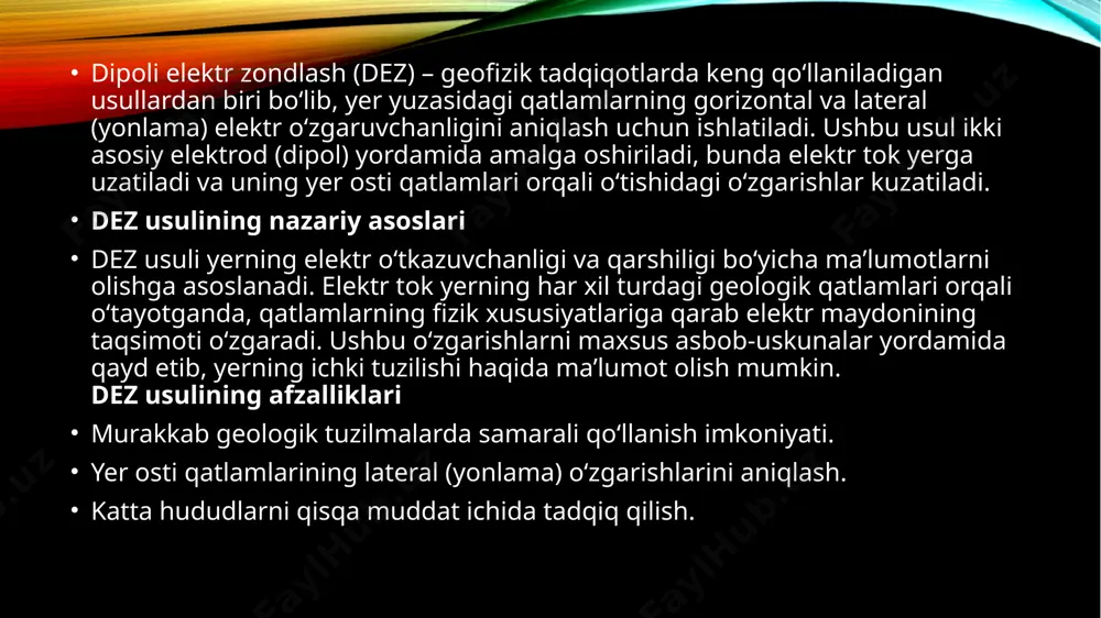 ash) usuli qatlamlarning vertikal kesimini, dez (dipoli elektr zondlash) esa lateral (yonlama) o‘zgaruvchanlikni aniqlash uchun ishlatiladi. har ikki usulning natijalari tadqiqotning turiga qarab bir-birini to‘ldiradi. vez natijalarini talqin qilish vez usulida olingan ma’lumotlar yer osti qatlamlarining elektr qarshiligini aniqlashga asoslanadi. natijalar odatda quyidagi ko‘rinishda taqdim etiladi: resistivlik egri chizig‘i: qatlamlarning chuqurlik bo‘yicha qarshilik qiymatlarini aks ettiradi. bu egri chiziqlar orqali qatlamlarning qalinligi va elektr o‘tkazuvchanligi aniqlanadi. geofizik modellar: ma’lumotlar asosida qatlamlarning qalinligi va tarkibini ko‘rsatadigan modellar yaratiladi. talqin qilish jarayonida qatlamlarning qalinligi, materialning turi (masalan, qum, gil, suv yoki mineral) va yer osti suvlarining mavjudligi aniqlanadi. vez natijalari konlarning vertikal tuzilishini aniqlashda juda samarali hisoblanadi. dez natijalarini talqin qilish dez usulida lateral qarshiliklarning o‘zgarishini aniqlash uchun har xil masofalarda ma’lumotlar yig‘iladi. talqin qilishda quyidagilar hisobga olinadi: resistivlik xaritalari: ular geologik qatlamlarning lateral (yonlama) tuzilishini aks ettiradi. bunday xaritalar konlarning gorizontal chegaralarini aniqlash uchun ishlatiladi. lateral o‘zgarish modellarini tahlil qilish: qatlamlarning …