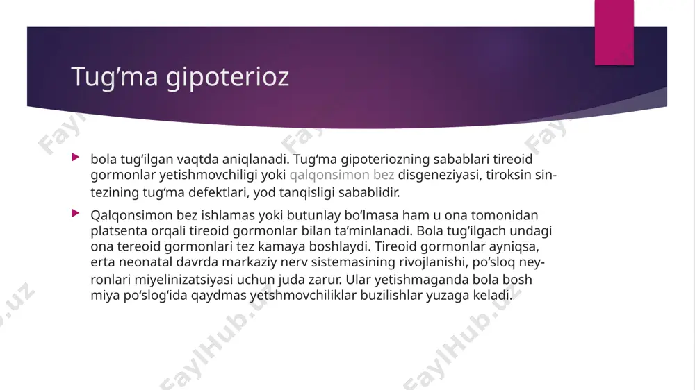 vo qilinadi. uning boshlang‘ich dozasi 10-15 mkg/kg/sutka. keyinchalik doimiy kuzatuvda o‘zgarishlarga qarab doza tanlanadi. bolalarda gipoterioz kelib chiqish sabablari davolash: ko‘pchilik bemorlar tireoid preparatlarni butun umr ichishlari kerak. shuning uchun ularga dozasini aniq qo‘llash kerak. ba’zi bemorlarda gipoterioz progressirlantiruvchi xarakterda bo‘ladi. shuning uchun ularda dozasini doimo oshirib borish kerak. buning sababi asta-sekin qalqonsimon bez funksiyasining so‘nib borishi. ko‘p bemorlarda yangidan dorini qabul qilish boshlanadi ba’zan gipoterioz simptomlari davoga qaramasdan saqlanib qoladi. buning sabablari dozaning noto‘g‘ri tanlanishi, dorining me’da-ichak traktida so‘rilishining buzilishi, ichak kasalliklari, mediokomentlar-kalsiy karbonat, xoletiramin, sukralfat, alyuminiy gidroksid temir preparatlari qabul qilish. bunda tireoid gormon dozasini oshirish boshqa preparatlar bilan 4-soat oraliq bilan qabul qilish kerak. e’tiboringiz uchun rahmat image1.jpeg image2.jpeg image3.jpeg image4.jpeg image5.jpeg image6.jpeg image7.jpeg image8.jpeg image9.jpeg image10.jpeg image11.jpeg image12.jpeg /docprops/thumbnail.jpeg