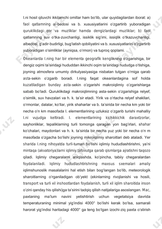 ing jadal rivojlanishi (ayniqsa, eng ser-yogʻin oylar —mart—apr.), yozda esa termik depressiya kuchayishi bilan bogʻliq. yogʻinlar yildan-yilga oʻzgarib turadi, ayrim yillarda esa yogʻin oʻrtacha (koʻp yillik) yogʻinlar miqsoriga nisbatan 1,5—2 marta koʻproq (mas, 2002 yil bahorda oʻzbekiston hududida shunday hol yuz berdi), qurgʻoqchilik yillarida esa 3—4 marta kam boʻladi. yogʻingarchilikning oʻzgaruvchanligi, ayniqsa, quruq issiq oylarda kuchayadi, ayrim yillarda yozda yogʻingarchilik butunlay boʻlmay-di, ayrim yillarda esa bir necha kun ichida bir yillik yogʻin yogʻishi mumkin (qarang atmosfera yogʻinlari). https://uz.wikipedia.org/wiki/atmosfera_yog%ca%bbinlari https://uz.wikipedia.org/wiki/atmosfera_yog%ca%bbinlari i.ni hosil qiluvchi ikkilamchi omillar ham boʻlib, ular quyidagilardan iborat: a) faol qatlamning al-bedosi va b. xususiyatlarini oʻzgartirib yuboradigan quruklikdagi qor va muzliklar hamda dengizlardagi muzliklar; b) faol qatlamning suv oʻtka-zuvchanligi, issiklik sigʻimi, issiqlik oʻtkazuvchanligi, albedosi, gʻadir-budirligi, bugʻlatish qobiliyatini va b. xususiyatlarini oʻzgartirib yuboradigan oʻsimliklar (ayniqsa, oʻrmon) va tuproq qoplami. okeanlarda i.ning har bir elementa geografik kenglikning oʻzgarishiga, bir dengiz oqimi taʼsiridagi hududdan ikkinchi oqim taʼsiridagi hududga oʻtishiga, joyning atmosfera umumiy …