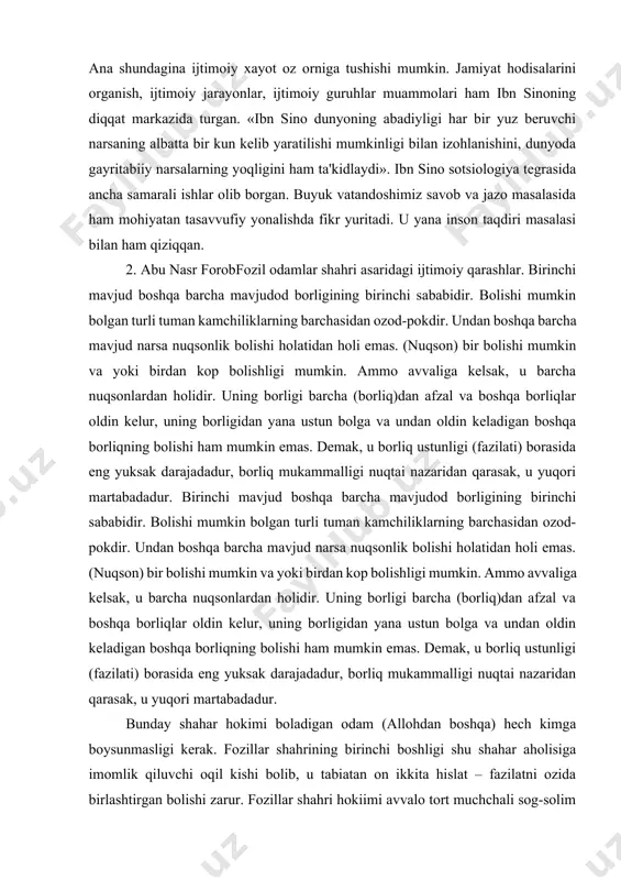 liklarning barchasidan ozod-pokdir. undan boshqa barcha mavjud narsa nuqsonlik bolishi holatidan holi emas. (nuqson) bir bolishi mumkin va yoki birdan kop bolishligi mumkin. ammo avvaliga kelsak, u barcha nuqsonlardan holidir. uning borligi barcha (borliq)dan afzal va boshqa borliqlar oldin kelur, uning borligidan yana ustun bolga va undan oldin keladigan boshqa borliqning bolishi ham mumkin emas. demak, u borliq ustunligi (fazilati) borasida eng yuksak darajadadur, borliq mukammalligi nuqtai nazaridan qarasak, u yuqori martabadadur. birinchi mavjud boshqa barcha mavjudod borligining birinchi sababidir. bolishi mumkin bolgan turli tuman kamchiliklarning barchasidan ozod-pokdir. undan boshqa barcha mavjud narsa nuqsonlik bolishi holatidan holi emas. (nuqson) bir bolishi mumkin va yoki birdan kop bolishligi mumkin. ammo avvaliga kelsak, u barcha nuqsonlardan holidir. uning borligi barcha (borliq)dan afzal va boshqa borliqlar oldin kelur, uning borligidan yana ustun bolga va undan oldin keladigan boshqa borliqning bolishi ham mumkin emas. demak, u borliq ustunligi (fazilati) borasida eng yuksak darajadadur, borliq …