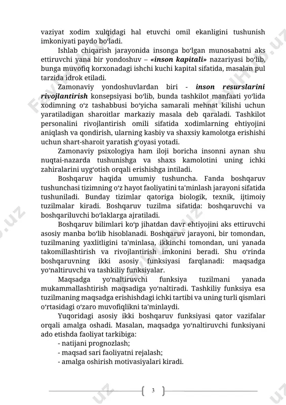 ish va vakolat berish kabilar sanab oʻtiladi. tizimli va vaziyatli yondoshuv orqali esa tashkilotda amalga oshayotgan jarayonlar, ishlab chiqarishda ishtirok etuvchi hamma ishtirokchilar oʻrtasida sababiy aloqa mavjudligi, tashqi muhit va vaziyat xodim xulqidagi hal etuvchi omil ekanligini tushunish imkoniyati paydo boʻladi. ishlab chiqarish jarayonida insonga boʻlgan munosabatni aks ettiruvchi yana bir yondoshuv – «inson kapitali» nazariyasi boʻlib, bunga muvofiq korxonadagi ishchi kuchi kapital sifatida, masalan pul tarzida idrok etiladi. zamonaviy yondoshuvlardan biri - inson resurslarini rivojlantirish konsepsiyasi boʻlib, bunda tashkilot manfaati yoʻlida xodimning oʻz tashabbusi boʻyicha samarali mehnat kilishi uchun yaratiladigan sharoitlar markaziy masala deb qaraladi. tashkilot personalini rivojlantirish omili sifatida xodimlarning ehtiyojini aniqlash va qondirish, ularning kasbiy va shaxsiy kamolotga erishishi uchun shart-sharoit yaratish gʻoyasi yotadi. zamonaviy psixologiya ham iloji boricha insonni aynan shu nuqtai-nazarda tushunishga va shaxs kamolotini uning ichki zahiralarini uygʻotish orqali erishishga intiladi. boshqaruv haqida umumiy tushuncha. fanda boshqaruv tushunchasi tizimning oʻz hayot faoliyatini ta'minlash jarayoni …