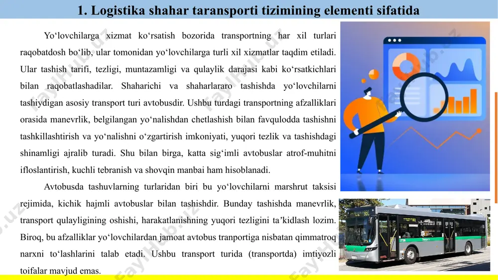 an foydalanisha taksi eng qulay tranport vositasi hisoblanadi. taksi transport turi sifatida qimmat, ammo mijozning ehtiyojlarini maksimal darajada hisobga olgan holda shahar aloqalarida eng tezkor transport turi hisoblanadi. 2. yo‘lovchi transportining logistik tizim sifatidagi xususiyatlari yo‘lovchilarni tashishda transport jarayoni bu yo‘lovchilarni tashish jarayoni bilan birga chiptalarni sotish va yo‘lovchilar oqimini shakllantirish, yo‘lovchilarni chiqarish va tushirish, shuningdek transport vositalarini yetkazib berishni ham o‘z ichiga oladi.. tashish jarayoni natijasida yo‘lovchilar maʼlum masofa (le)ga yetkaziladi va transport ishi p amalga oshiriladi, bu tashilgan yo‘lovchilar sonining o‘rtacha tashish masofasiga teng: p=q*le; yo‘lovchi km. (1) to‘liq transport jarayonining sikli yo‘lovchilarni yetkazib berish uchun zarur bo‘lgan operatsiyalarning kompleksidan iborat. yo‘lovchilarni tashishda transport jarayonining to‘liq sikli (qatnov) reys deb yuritiladi.. qatnov - bu avtobus marshrutning boshlang‘ich nuqtasidan belgilangan manziligacha harakatlanish jarayonidir. shu munosabat bilan transport jarayonining sikli avtobusning yo‘llarda harakatlanishini, oraliq to‘xtash joylaridagi vaqtni va so‘nggi to‘xtash joylarida avtobuslarning turish vaqtini o‘z ichiga oladi. 2. yo‘lovchi transportining …