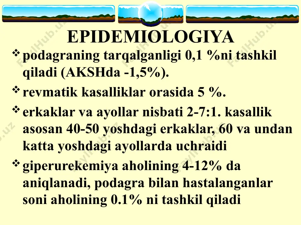 kamaigan. mikroskopik urat kristallari aniqlanadi. tofuslarning punksion biopsiyasi: siidik kislota kristallarining aniqlanishi podagrik artritning rentgenologik ko'rinishi surunkali giperurikemiyaning buirak asoratlari siydik-tosh kasalligi surunkali uratli (podagrik) nefropatiya bemorlarning 20-40%da proteinuriya va «yumshoq» arterial gipertenziya aniqlanadi kam hollarda nefroskleroz, og'ir arterial gipertenziya, buirak faoliyatining buzilishi uratlar (siydik kislota tuzlari) suyak ichida tuplanishidan hosil bo’lgan destruksiya podagrali bemorlarda quiidagi yondosh kasalliklar bilan hastalanish darajasi oshadi: arterial gipertenziya qandli diabet tomirlarning aterosklerotik jarohatlanishi gipertrigliseridemiya differensial tashhis psevdopodagra reaktiv artrit palindrom revmatizm revmatoid artrit o'tkir revmatik isitma osteoartroz davolash o’tkir podagrik artrit hurujini davolash uzoq vaqt permanent davolash rejim tana vaznini me’yorlash alkogolni istisno qilish parhez giperurekimiyani kamaitiruvchi dori vositalari fizioterapevtik davo sanator kurort davo jarrohlik io'li bilan davolash iii. dispaser nazorati o'tkir podagra hurujini davolash umumii muolajalar (tinchlik, oyoqlarni yuqori ko'tarish, ko'p miqdorda suyuqlik ichish) medikamentoz davo kolhisin yaqnv gks dori vositalarni mahallii qo'llash (dimeksidni analgin, novokain, indometasin bilan qo'llash) davolash parhez bilan davolash …