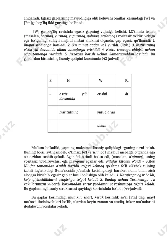 bidagi [pm] (kesimlik kategoriyasi) ning qismlaridan biri shaxs-son ma’nosi bo‘lib, u hamisha o‘zining to‘ldirilishini, muayyanlashtirilishini talab qiladi. bu esa gaplarning egali bo‘lishini taqozo qiladi. aytilganidek, o‘zbek tilidagi gaplarning lisoniy strukturasi uch a’zo (ega, hol, kesim) dan iborat, egali gaplarda ega pozitsiyasi bo‘sh bo‘lmaydi, to‘ldirilgan bo‘ladi. u nutqda esa yuzaga chiqqan hol, yuzaga chiqqan kesim bo‘lishi mumkin. quyidagi ikki gapni qiyoslang: 1. men kitobni o‘qidim. 2. кitobni o‘qidim. har ikkala gap ham [e-h-pm] qolipi hosilasi bo‘lib, ularning kesimidagi [pm] ga xos shaxs-son qo‘shimchalari ega, uning tabiati (qaysi shaxs, son) haqida to‘liq axborot berib turibdi. har ikkala gap uchun ham ega – i shaxs birlikdagi kishilik olmoshi. biroq, ulardan birinchisida bu lisoniy to‘liqlik (ega pozitsiyasining bo‘sh emasligi) nutqda namoyon bo‘lgan, ikkinchisida esa nutqiy ehtiyoj bo‘lmaganligi tufayli yuzaga chiqmagan. кo‘rinadiki, har ikkala gap ham lisoniy egali, ega pozitsiyasi to‘ldirilgan gap qismining hosilasi. egali gaplarning o‘zi quyidagi turlarga ajratilishi mumkin: 1. egasi ifodalangan (nutqda …
