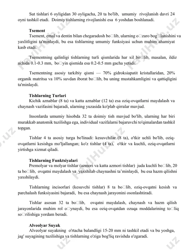mustahkamligini va qattiqligini ta'minlaydi. tishlarning turlari kichik aznablar (8 ta) va katta aznablar (12 ta) esa oziq-ovqatlarni maydalash va chaynash vazifasini bajaradi, ularning yuzasida ko'plab qirralar mavjud. insonlarda umumiy hisobda 32 ta doimiy tish mavjud bo'lib, ularning har biri murakkab anatomik tuzilishga ega, individual vazifalarni bajaruvchi to'qimalardan tashkil topgan. tishlar 4 ta asosiy turga bo'linadi: kesuvchilar (8 ta), o'tkir uchli bo'lib, oziq-ovqatlarni kesishga mo'ljallangan; ko'z tishlar (4 ta), o'tkir va kuchli, oziq-ovqatlarni yirtishga xizmat qiladi. tishlarning funktsiyalari premolyar va molyar tishlar (azmori va katta azmori tishlar) juda kuchli boʻlib, 20 ta boʻlib, ovqatni maydalash va yaxshilab chaynashni ta’minlaydi, bu esa hazm qilishni yaxshilaydi. tishlarning incisorlari (kesuvchi tishlar) 8 ta boʻlib, oziq-ovqatni kesish va parchalash funksiyasini bajaradi, bu esa chaynash jarayonini osonlashtiradi. tishlar asosan 32 ta boʻlib, ovqatni maydalash, chaynash va hazm qilish jarayonlarida muhim rol oʻynaydi, bu esa oziq-ovqatdan ozuqa moddalarining toʻliq soʻrilishiga yordam beradi. alveolyar suyak alveolyar suyakning o'rtacha …