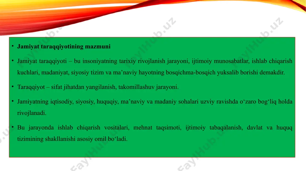 ologik va ilmiy yo‘nalish neolit inqilobi – dehqonchilik va chorvachilik asosida. industrial inqilob – mashinalar va zavodlar. ilmiy-texnik inqilob – atom, kosmos, kompyuterlar. xxi asrda – sun’iy intellekt, biotexnologiyalar, nanotexnologiyalar. jamiyat taraqqiyoti konsepsiyalari evolyutsion konsepsiya (g. spenser, e. dyurkgeym): jamiyat asta-sekin murakkab tizimga aylanib boradi. inqilobiy konsepsiya: taraqqiyot sakrashlar orqali, siyosiy va ijtimoiy inqiloblar natijasida amalga oshadi. forma­sion nazariya (marksistik yondashuv): jamiyat ishlab chiqarish munosabatlari asosida bosqichma-bosqich rivojlanadi. sivilizatsion konsepsiya (toynbi, shpengler): har bir sivilizatsiya tug‘iladi, rivojlanadi va inqirozga uchraydi. texnokratik konsepsiya: taraqqiyotning bosh omili – texnika va ilm-fan. modernizatsiya nazariyasi: an’anaviy jamiyat zamonaviy jamiyatga aylanishi uchun iqtisodiy va siyosiy islohotlarni amalga oshirishi kerak. axborot jamiyati konsepsiyasi (d. bell, m. kastels): xxi asrda taraqqiyotning eng muhim manbai – bilim, axborot va raqamli texnologiyalar. barqaror rivojlanish konsepsiyasi (bmt tashabbusi): jamiyat taraqqiyoti ekologik muvozanat, iqtisodiy barqarorlik va ijtimoiy adolat uyg‘unligida amalga oshishi kerak. zamonaviy davrda jamiyat taraqqiyoti xususiyatlari globallashuv va axborot almashuvining …