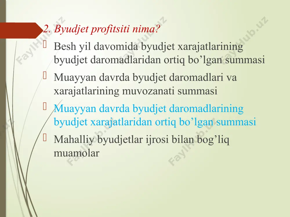 t olib boruvchi organni ko‘rsatinig? moliya gaznachilik markaziy bank o‘zbekiston banklar uyushmasi 9. investitsiya qilingan kapital daromadlilik dinamikasini ma’lum bir birja indeksiga bog‘lash maqsadiga asoslangan investitsiya strategiyasiga …………………..deyiladi? bosh strategiya sarmoya kiritish bozor stavkasi indeksatsiyalash 10. moliyaviy siyosat - moliyadan foydalanishning metodlari, uni tashkil qi­lishning amaliy shakllari va metodologik printsiplari­ning majmui davlatning vazifalari va funktsiyalarini o’zgartirish milliy xo’jalik taraqqiyotida davlatning rolini yanada oshirish markazlashgan va markazlashmagan fondlarni tashkil etish, taqsimlash va sarflash эътиборингиз учун раҳмат! /docprops/thumbnail.jpeg
