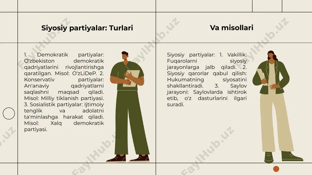 nishida manfaat guruhlarining ta'siri ko'rsatkichlari 2022-yilda 65%ga yetgan. siyosiy partiyalarning ta'siri: holatlar va misollar siyosiy partiyalar va jamiyat siyosiy partiyalar jamiyatdagi muhim ro‘l o‘ynaydi. ular davlat siyosatini belgilashda, fuqarolarning fikrlarini ifodalashda va ijtimoiy o‘zgarishlarga ta'sir ko‘rsatishda ishtirok etadi. siyosiy partiyalar xalqning manfaatlarini himoya qilish va rivojlantirishga xizmat qiladi. misollar va tajribalar misol sifatida, aqshda demokratik va respublikachilar partiyalari o‘zaro raqobat qilib, ijtimoiy va iqtisodiy masalalarni hal qilishda muhim ahamiyatga ega. shuningdek, yevropada ko‘plab partiyalar, masalan, yevropa ittifoqidagi yashil partiyalar, ekologik masalalarda faoliyat yuritib, ijtimoiy o‘zgarishlarga olib kelmoqda. yuqori malakali mutaxassislar, kuchli tashkilot tuzilmalari cheklangan moliyaviy resurslar, strategik rejalashtirishdagi kamchiliklar bozorni kengaytirish imkoniyatlari, xalqaro hamkorlikni kuchaytirish raqobatchilikning oshishi, siyosiy beqarorlik bizning jamoamiz yuqori malakali mutaxassislardan iborat, ular sohada tajribaga ega. tashkilotimiz kuchli tuzilmalarga ega, bu esa samarali qarorlar qabul qilishga yordam beradi. biz moliyaviy resurslarga cheklovlar bilan duch kelamiz, bu esa o'zgarishlar va yangiliklar kiritishda qiyinchiliklar tug'dirishi mumkin. strategik rejalashtirishda ba'zi …