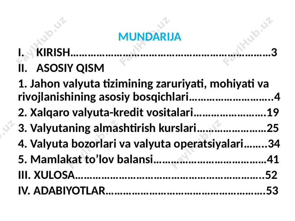 yotgan murakkab bir sharoitda faqat o‘z fikri, o‘z hayotiy pozitsiyasiga ega bo‘lgan xalq va jamiyat yengilmas kuchga aylanib, o‘z kelajagini o‘z qo‘li va aql-zakovati bilan qurishga qodir bo‘ladi».[1] ayni paytda prezidentimiz asarlaridan, ayniqsa oliy majlis qonunchilik palatasi va senatining qo‘shma majlisida qilgan ma’ruzalaridan bizga shu narsa ma’lum bo‘lib turibdiki, erishilgan yutuqlar bilan bir qatorda bugungi kunda o‘z yechimini topmagan muammolar, hal kilinishi lozim bo‘lgan vazifalar ham mavjud. ko‘pgina korxonalarning zarar ko‘rib ishlayotganligi, ularning moliyaviy ahvoli qiyinlashib, bankrotga uchrayotganligi, kichik biznes va xususiy tadbirkorlarning, mulkdorlar sinfining sekin shakllanayotganligi, iqtisodiyotda ular ulushining kamligi, qishloqda iqtisodiy islohotlarni amalga oshirish, fermer xo‘jaliklarini rivojlantirish qiyinchiliklari, tovar, xizmat va kapital eksportining sekin o‘sayotganligi va boshqalar shular jumlasidandir. kurs ishi tuzilishi: kirish, asosyi qism, 5 ta reja, xulosa va adabiyotlardan tarkib topgan. kirish 1. jahon valyuta tizimining zaruriyati, mohiyati va rivojlanishining asosiy bosqichlari har qanday xalqaro bitim o’zaro hisob-kitoblar bilan kuzatilishi sababli birinchi navbatda uni kaysi pul …