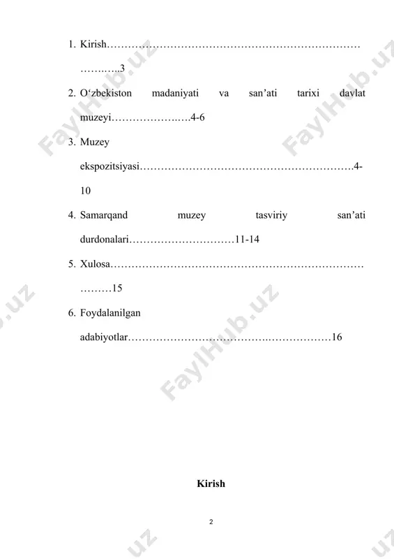 sh qadahi ham bor.[footnoteref:2] [2: https://zarnews.uz/uz/post/markaziy-osiyoning-dastlabki-muzeyi-samarqandda-tashkil-etilgan] etnografik to‘plami o‘z ichiga xix-xx asrlarga tegishli 20 mingta milliy liboslar, tilla ipda tikilgan buyumlar, gilamlarni olgan. bu yerda, shuningdek, samarqandlik xalq ustalari tomonidan qilingan bostirma charm va metall idishlarni ham uchratish mumkin. samarqand muzeyi xix asrning xojikentlik ma’rifatparvari xoji yusuf mirfayozovga tegishli globusi bilan faxrlanishadi. oʻzbekiston madaniyati va sanʼati tarixi davlat muzeyi oʻzbekiston madaniyati va sanʼati tarixi davlat muzeyi, akmal ikromov nomidagi oʻzbekiston madaniyati va sanʼati tarixi davlat muzeyi (bugungi kunda - oʻzbekiston madaniyati tarixi davlat muzeyi) — notijorat madaniy-maʼrifiy muassasa; samarqand shahrida. 1982-yildan samarqand davlat muzey-qoʻriqxonasi tarkibidagi bosh muzey. 1896-yilda samarqand statistika qoʻmitasi muzeyi sifatida ochilgan[footnoteref:3]. 1911-yildan samarqand shahri muzeyi, 1921-yildan samarqand viloyati muzeyi, 1927-yildan oʻlka muzeyi, 1930-yildan oʻzbekiston markaziy davlat muzeyi, 1937-yildan samarqand viloyat oʻlkashunoslik muzeyi. 1945-yildan oʻzbek xalqi madaniyati respublika muzeyi, 1955-yildan oʻzbekiston madaniyati va sanʼati tarixi respublika muzeyi; 1968-yil a.ikromov nomi berilgan; 1969-yildan oʻzbekiston madaniyati va sanʼati tarixi davlat …