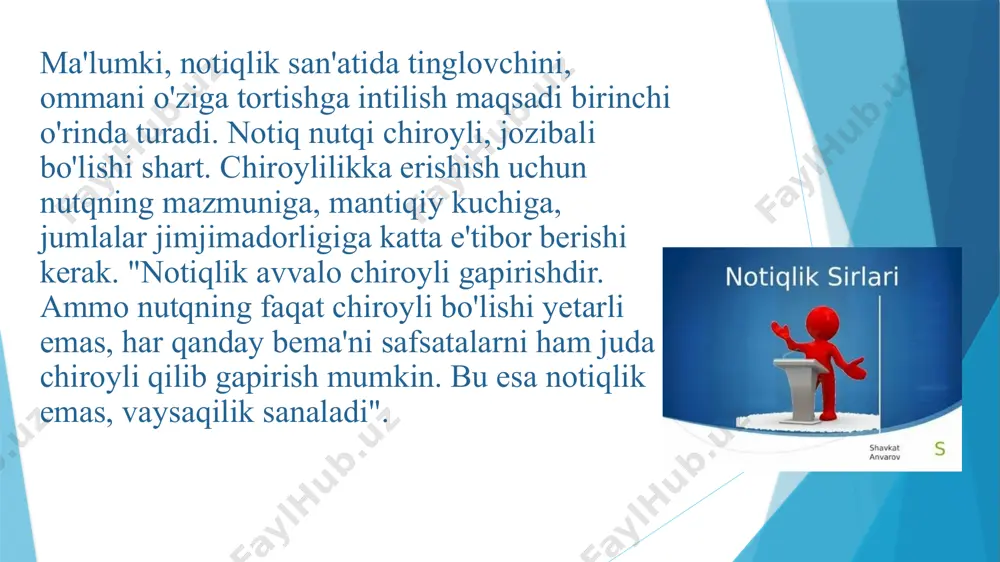 edi. rimda urushning kuchayib ketganligi harbiy sarkardalar nutqining rivojlanishiga ham imkon berdi. rimlik notiqlardan biri eramizdan ilgari iii - ii asrlarda yashab o'tgan davlat arboblaridan mark partius kato yoki katondir. katon notiq sifatida nutq san'ati nazariyasi va amaliyoti masalalari bilan maxsus shug'ullangan. perikl • yunoniston - jahon notiqlik san'atining yirik namoyandalarini yetkazib berdi. perikl, lisiy, demosfen, aristotel ana shular jumlasidandir. perikl yirik siyosiy arbobgina bo'lib qolmay, ko'zga ko'ringan notiq ham edi. perikl nutqlarining birorta matni ham bizga qadar yetib kelmagan. lekin uning usta, ko'zga ko'ringan notiq boʻlganligi haqida grek tarixchisi fukidid ma'lumot beradi. perikl nutqi fikrning chuqurligi, shaklning soddaligi, samimiyligi bilan, tinglovchilar ruhiyatini e'tiborga olganligi bilan xarakterlanardi. demosfen notiqlik san'atini o'rganish uchun juda ko'p vaqt sarflaydi. unda jismoniy kamchiliklar mavjud edi, ovozi past va diksiyasi yomon bo'lgan, kifti asabiy ravishda titrab turgan. ma'lumotlarga qaraganda demosfen ovozini o'stirish uchun og'ziga mayda toshlarni solib, dengiz qirg'og'ida nutq so'zlardi va to'lqin shovqin - …