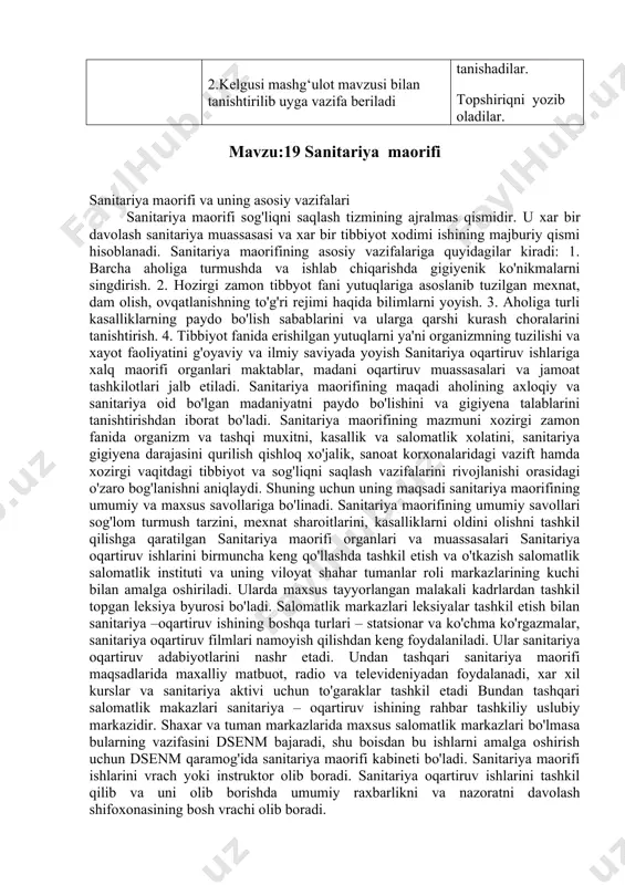larni ya'ni organizmning tuzilishi va xayot faoliyatini g'oyaviy va ilmiy saviyada yoyish sanitariya oqartiruv ishlariga xalq maorifi organlari maktablar, madani oqartiruv muassasalari va jamoat tashkilotlari jalb etiladi. sanitariya maorifining maqadi aholining axloqiy va sanitariya oid bo'lgan madaniyatni paydo bo'lishini va gigiyena talablarini tanishtirishdan iborat bo'ladi. sanitariya maorifining mazmuni xozirgi zamon fanida organizm va tashqi muxitni, kasallik va salomatlik xolatini, sanitariya gigiyena darajasini qurilish qishloq xo'jalik, sanoat korxonalaridagi vazift hamda xozirgi vaqitdagi tibbiyot va sog'liqni saqlash vazifalarini rivojlanishi orasidagi o'zaro bog'lanishni aniqlaydi. shuning uchun uning maqsadi sanitariya maorifining umumiy va maxsus savollariga bo'linadi. sanitariya maorifining umumiy savollari sog'lom turmush tarzini, mexnat sharoitlarini, kasalliklarni oldini olishni tashkil qilishga qaratilgan sanitariya maorifi organlari va muassasalari sanitariya oqartiruv ishlarini birmuncha keng qo'llashda tashkil etish va o'tkazish salomatlik salomatlik instituti va uning viloyat shahar tumanlar roli markazlarining kuchi bilan amalga oshiriladi. ularda maxsus tayyorlangan malakali kadrlardan tashkil topgan leksiya byurosi bo'ladi. salomatlik markazlari leksiyalar tashkil …