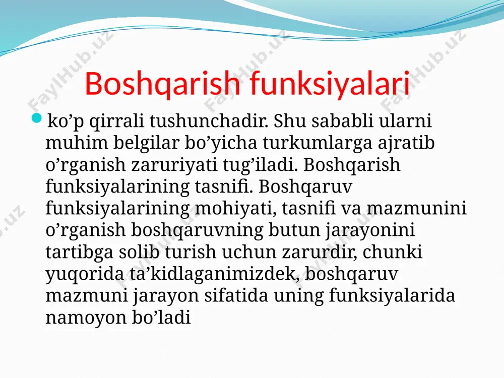 alashtirish funksiyasini bajarishda mutaxassislar: * prognoz (oldindan aytib berish); * modellashtirish; * omilli tahlil; * maqsaddar shajarasi va uni yechish kabi usullarni qo’llaydi. bu usullarni qo’llash yordamida boshqariladigan bo’limlarning maqsadlari va ularning yechimi bo’yicha zarur tadbirlar aniqlab olinadi. 4.menejment usullari va ularning ahamiyati. menejmentni o’rganishning uch: tashkiliy - ma’muriy , iqtisodiy tarbiyaviy (ijtimoiy-ruhiy) usullari mavjud. tashkiliy-ma’muriy usullar. tashkiliy usullar menejment usullari tizimida alohida o’rin tutadi. bu usullarga: * menejment apparatining muayyan strukturasini tuzish; * har bir bo’g’inining boshqaruv funksiyalarini belgilash; * kadrlarni to’g’ri tanlash; * buyruqlar, farmoyishlar va qo’llanmalar chiqarish, ular­ning bajarilishini nazorat qilish; * topshiriqlarni o’z vaqtida bajarmayotgan bo’linma va shaxslarga nisbatan majburiy choralarni qo’llash kiradi. menejmentning tashkiliy-ma’muriy usullari boshqaruv organlarining o’zaro aloqada ishlashini, boshqaruv munosabatlarini aks ettirib, boshqariluvchi obyektlarga ma’muriy ta’sir ko’rsatishning mexanizmini ifodalaydi. shu bilan birga, ma’muriy yoki to’g’ridan-to’g’ri boshqaruv usuli xo’jalik yurituvchi subyektning tanlash erkinligini cheklab qo’yadi, muayyan huquqiy chegaralarini belgilaydi. tashkiliy ta’sir ko’rsatish turli tashkiliy …
