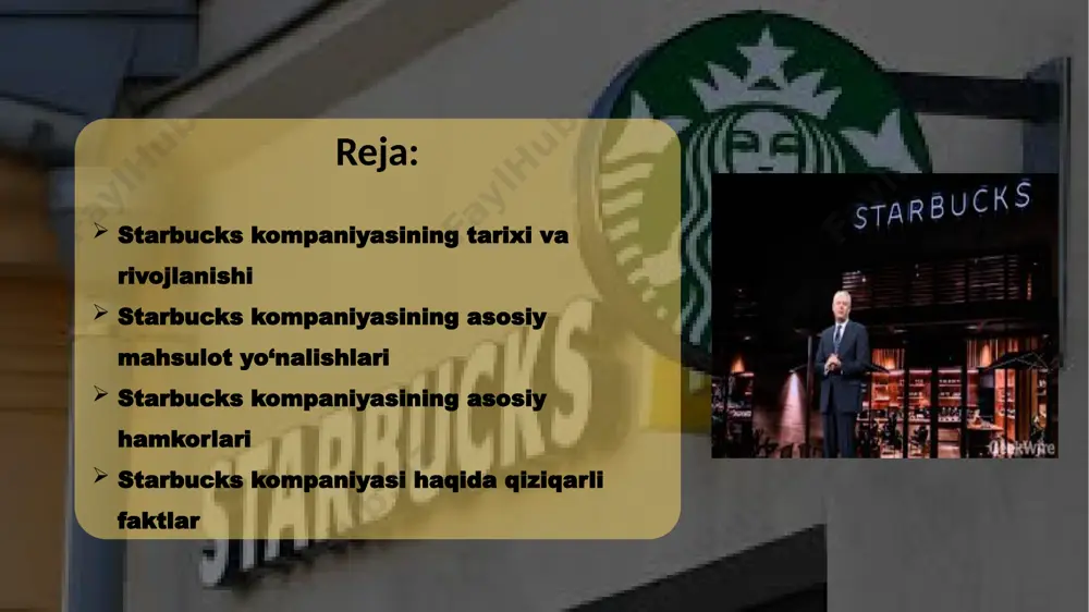 susiy va premium joylarda taklif qilinadi. starbucks kompaniyasining asosiy hamkorlari starbucks kompaniyasining asosiy hamkorlari turli sohalarda faoliyat yuritadi. bu hamkorliklar starbucksning global tarmog‘ini kengaytirish, mahsulotlar assortimentini boyitish va xizmatlar sifatini yaxshilashga yordam beradi.starbucks kompaniyasi hamkorlariga quyidagilarni keltirishimiz mumkin: pepsico nestlé microsoft uber eats spotify uber starbucks reserve roastery hamkorlari visa va mastercard tata global beverages apple pepsico starbucks va pepsico o‘rtasidagi hamkorlik 1994-yilda boshlangan. bu hamkorlik pepsico kompaniyasiga starbucksning muzlatilgan ichimliklari va butik ichimliklarini tarqatish va sotish imkonini berdi. pepsico starbucksning ichimliklarini, jumladan, frappuccino, iced coffee, va boshqa ichimliklarni supermarketlar va do‘konlarda sotishga mas'ul. bu hamkorlik starbucksning global miqyosda ichimliklarni tez va samarali tarqatishiga yordam beradi. nestlé starbucks va nestlé 2018-yilda hamkorlik qilishni boshladi. bu kelishuv starbucksning qahva va qahva mahsulotlari (kapsulalar, qahva donlari va boshqalar) nestléning global tarqatish tarmog‘i orqali sotilishiga imkon yaratadi. nestlé starbucksning nespresso va nescafé kabi brendlaridan foydalanib, qahva mahsulotlarini butun dunyo bo‘ylab sotadi. bu hamkorlik …