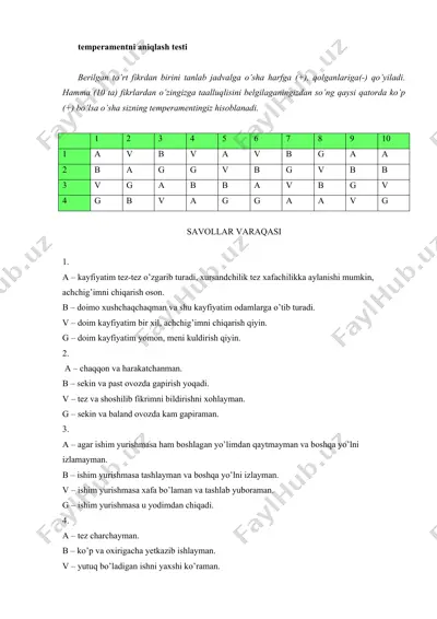 temperamentni aniqlash testi — DOCX