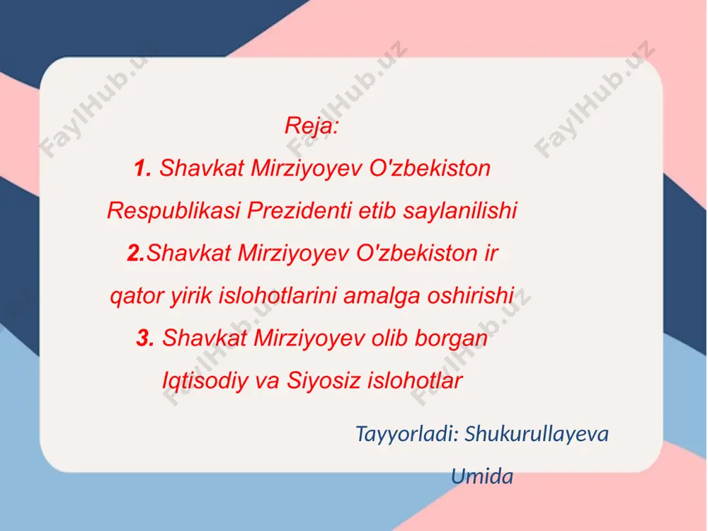 rsitetlar qurish, malakali kadrlarni tayyorlash. - sog'liqni saqlash tizimini yangilash, tibbiy muolajalar sifatini oshirish va aholi salomatligini mustahkamlash. raqamli transformatsiya: - raqamli iqtisodiyotni rivojlantirish, barkamol farmoyishlarni amalga oshirish va innovatsion sohalarga investitsiyalarni jalb qilish. tashqi ishlar vazirligi faoliyati takomillashtirilmoqda, tashqi siyosatning iqtisodiy yo‘nalishi salmoqli darajada kuchaydi. bugungi kunda o‘zbekiston elchilari savdo, investitsiya va turizm masalalari bilan faol shug‘ullanmoqda. prezident shavkat mirziyoyev ishonch yorliqlarini topshirish marosimidagi nutqida yangi elchilar vakillik qilayotgan davlatlar bilan ko‘p qirrali hamkorlikning muhim yo‘nalishlariga to‘xtalib o‘tdi. o‘zbekiston respublikasi va o‘mon sultonligini do‘stlik va mushtarak diniy qadriyatlar bog‘lab turgani ta’kidlandi. biz o‘monni o‘z mintaqasida va arab-musulmonolamida munosib o‘ringa ega, chuqur o‘ylangan tashqi siyosat olib borayotgan mamlakat sifatidae’tirof etamiz, dedi shavkat mirziyoyev. foydalanilgan adabiyotlar: 1.gorbachyov m.s. qayta qurish va yangicha fikrlash mamlakatimiz va butun dunyo uchun. – t.: o‘zbekiston,1988. – b. 138-143. 2.o‘zbekistoning yangi tarixi. 2-kitob. o‘zbekiston sovet mustamlakachiligi davrida. – t.: sharq, 2000.– b. 624. 3. alimov i., …