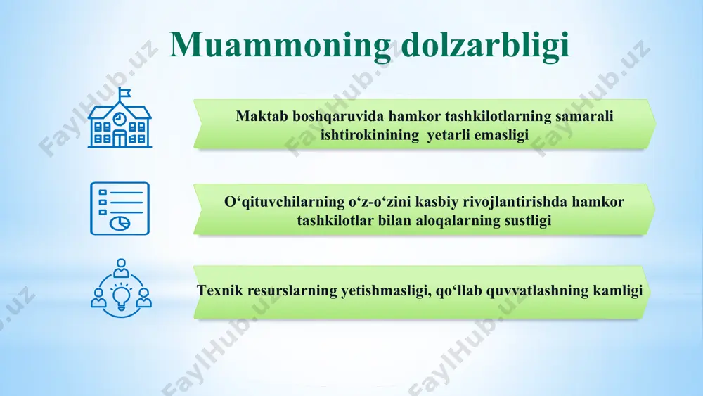 muhim omil sifatida ko‘rib chiqadi. 3. “ta’lim menejmenti” r.x.djurayev, s.t.turg‘unov. tahlil: kitobda maktabni strategik boshqarish va rejalashtirish, rahbarlar faoliyatini tashkil etish va boshqa masalalar yoritilgan. 4. “ta’lim menejmenti yoxud ta’lim tashkilotini ilmiy-metodik boshqarishga innovatsion yondashuv”. shukur po‘latov.2022 tahlil: kitobda ta’lim muassasalari faoliyatini innovatsion boshqarishning nazariy va texnologik asoslari va boshqa masalalari yoritilgan. 1.gevin kennedi “muzokara san’ati“ asari. tahlil: kitobda bo‘lajak uchrashuvga qanday tayyorgarlik ko‘rish, qanday qilib o‘z nuqtai nazaringizni foydali tarzda taqdim etish, qanday savdolashish va muzokara jarayonini barcha ishtirokchilar uchun o‘zaro manfaatli qilish haqida so‘z boradi. 2. в.а.козакова "управление образовательной организацией: теория и практика " tahlil: bu kitob ta'lim tashkilotlarini boshqarishning nazariy va amaliy jihatlarini yoritadi, shu jumladan, hamkor tashkilotlar bilan ishlashni ham qamrab oladi. 3.david hopkins "partnerships for school improvement" (maktab rivoji uchun sheriklar (hamkorlar) asari. tahlil: bunda maktablarning ta’lim sifatini oshirish maqsadida turli hamkorliklarni rivojlantirish tajribalari tahlil qilinadi. mahalliy adabiyotlar xorijiy adabiyotlar maktab boshqaruvida hamkor tashkilotlarning samarali …