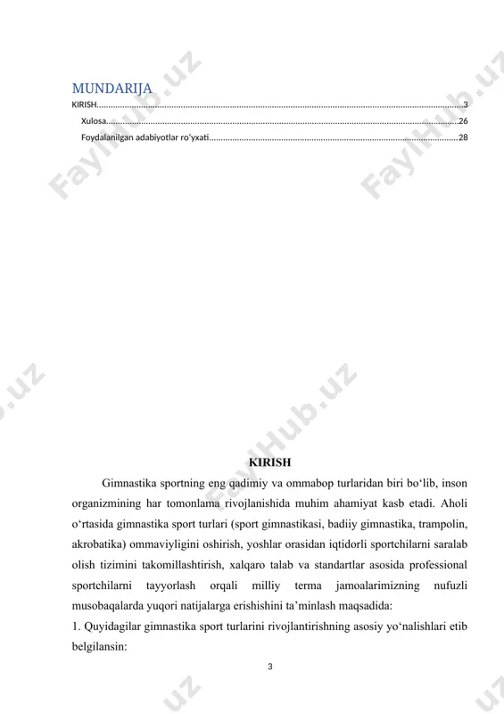 h, tanlash va saralash (seleksiya) hamda ularni professional sportchilar sifatida tayyorlashning yangi tizimini yo‘lga qo‘yish; -maktabgacha yoshdagi bolalarning gimnastika sport turlari bilan shug‘ullanishi uchun keng imkoniyatlarni yaratish va ularda ushbu sport turlari bo‘yicha boshlang‘ich ko‘nikmalarni shakllantirish; -umumiy o‘rta ta’lim maktablarining jismoniy tarbiya darslarida gimnastika sport turlari bo‘yicha mashg‘ulotlarni bosqichma-bosqich ko‘paytirish hamda mashg‘ulot va to‘garaklar faoliyatini tizimli yo‘lga qo‘yish; gimnastika sport turlari bo‘yicha professional trenerlar, malakali hakamlar va mutaxassislarni tayyorlash, o‘quv-uslubiy qo‘llanmalar hamda videomateriallar ishlab chiqish; -sport-ta’lim muassasalarining moddiy-texnika bazasini mustahkamlash, respublikada gimnastika sport turlari uchun zarur bo‘lgan sport jihozlari va inventarlarini ishlab chiqarishni yo‘lga qo‘yish; -qizlar o‘rtasida erta yoshdan gimnastika sport turlarini ommalashtirish, bu borada uzoq yillarga mo‘ljallangan istiqbolli rejalarni ishlab chiqish va amalga oshirish; olimpiya va osiyo o‘yinlari, jahon va osiyo chempionatlariga gimnastika sport turlari bo‘yicha milliy terma jamoa sportchilarini tayyorlash dasturlarini yanada takomillashtirish; -ommaviy axborot vositalarida sog‘lom turmush tarzining muhim tarkibiy qismi sifatida gimnastika sport turlarini targ‘ib qilish …