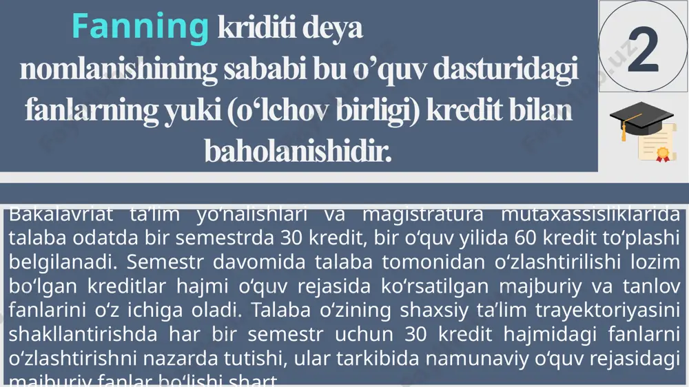 muddatlarini yodda tuting (deadline)! kurs loyiha 10 muhim jihatlar diplom olishning asosiy shartlari: to’liq o’qish davri uchun 240 kredit o’qish davri 4 yildan 8 yilgacha davom etishi mumkin to’plangan barcha kreditlar o’qish davri davomida saqlanadi kursdan kursga o’tish uchun, gpa (taʼlim oluvchining dastur boʼyicha oʼzlashtirgan ballari oʼrtacha qiymati) 2.4 va dan yuqori bo’lishi kerak o’zlashtira olmagan talabalar universitetdan chetlashtirmaydi. to’plangan barcha kreditlar o’qish davri davomida saqlanadi 11 gpa ( grade point average) - talim oluvchining dastur bo`yicha o`zlashtirgan ballari o`rtacha qiymati bo`lib , u quydagi fo`rmila yordamida xisoblanadi : k1 * u1 + k2* u2 + k3* u3…+ kn * un k1 + k2+ k3…+ kn g p a = bundan k – xar bir fan / modulga ajratilgan kriditlar miqdori ; u – xar bir fan / modul bo`yicha talaba to`plagan baxo ; 12 huquqiga egadirlar qayta o’qish bitta fan bo'yicha 5 yoki undan ortiq darsni o'tkazib yuborgan talaba …