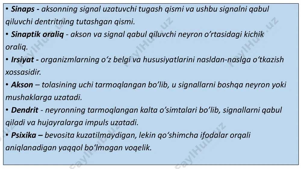 ti butun markaziy nerv tizimining faoliyati bilan bog‘liqdir. nerv hujayrasi, nerv tizimining asosiy tuzilmasi neyron deyiladi. akson – tolasining uchi tarmoqlangan bo’lib, u signallarni boshqa neyron yoki mushaklarga uzatadi. dendrit - neyronning tarmoqlangan kalta o’simtalari bo’lib, signallarni qabul qiladi va hujayralarga impuls uzatadi. sinaps- aksonning signal uzatuvchi tugash qismi va ushbu signalni qabul qiluvchi dentritning tutashgan qismi. sinaptik oraliq - akson va signal qabul qiluvchi neyron o’rtasidagi kichik oraliq. har bir neyronda muntazam ravishda almashinuv jarayonlari ro‘y berib, oqsillar sintezlanadi, asab impulslari to‘plangan holda o‘tkazilib turiladi. •neyron tanasining o‘rtacha diametri 0,01 mmni, bosh miyadagi neyronlarning umumiy soni esa 86- 95 mlrd.ni tashkil etadi.rivojlanib kelayotgan miyaga tabiat yuqori darajadagi mustahkamlik zahirasini joylaydi, va natijada, ko‘p miqdorda ortiqcha neyronlar hosil bo‘ladi.ularning taxminan 70% bolaning tug‘ilish davrigacha nobud bo‘ladi va bu jarayon tug‘ilgandan so‘ng ham, umri bo‘yi davom etadi. hujayralarning bunday nobud bo‘lishi irsiyat tomonidan oldindan belgilab berilgan bo‘ladi. neyronlar o‘ta egiluvchandir. •egiluvchanlikning …