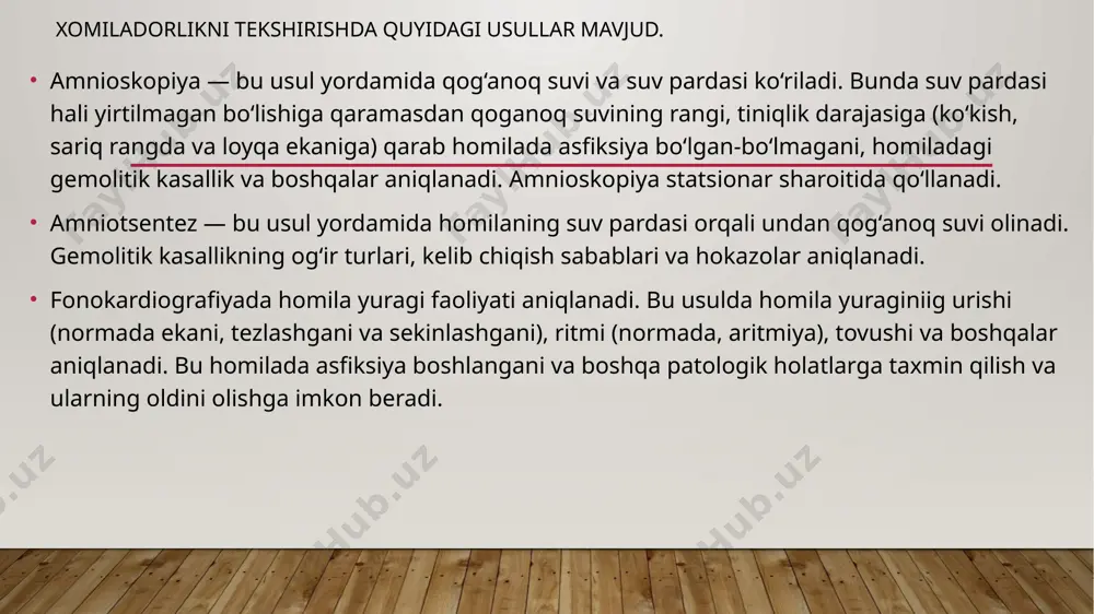 orlarning subektiv holatiga: 1.) ishtahasini o'zgarishi, nordon va achchiq ovqatlar egisi keladi, bazan bo'r istemol qiladi, ho'l tuproq va boshqalar hidini yoqtiradi; 2.) jahldor bo'lib kayfiyati tez-tez o'zgarib turadi, uyquchan bo'lib qolishi mumkin; 3.) hidni sezish qobiliyati birmuncha o'zgaradi (papiros, atir, yog hidi va boshqa hidlardan ko'ngli ayniydi); 4.) terisida bir qator o'zgarishlar ro'y beradi: sut bezi tugmachasi atrofida, yuzida, qorin devorining oq chizigida qoramtir doglar paydo bo'ladi. 5.) sut bezida ogiz suti (boshlangich sut) paydo bo'lib ko'kraklari kattalashadi. agar sut bezining uchi siqilsa, ogiz suti chiqadi. shuni aytib o'tish kerakki, ilgari tuqqan bazi ayollar ko'kragida sut saqlanishi mumkin. homiladorlikning taxminiy belgilari. bu xildagi belgilarga jinsiy organlarda, sut bezida, hayz ko'rishda bo'ladigan o'zgarishlar kiradi. bu belgilarning hammasi obektiv belgilar hisoblanadi. homiladorlik hayz ko'rishning to'xtashi bilan belgilanadi. malumki, soglom ayollarda hayz davri o'zgarmaydi. faqat homiladorlar hayz ko'rmaydilar, bazi bola emizadigan ayollar hayz ko'rmasliklari mumkin. hayz davrining buzilishi umumiy kasalliklarda ham uchrab …