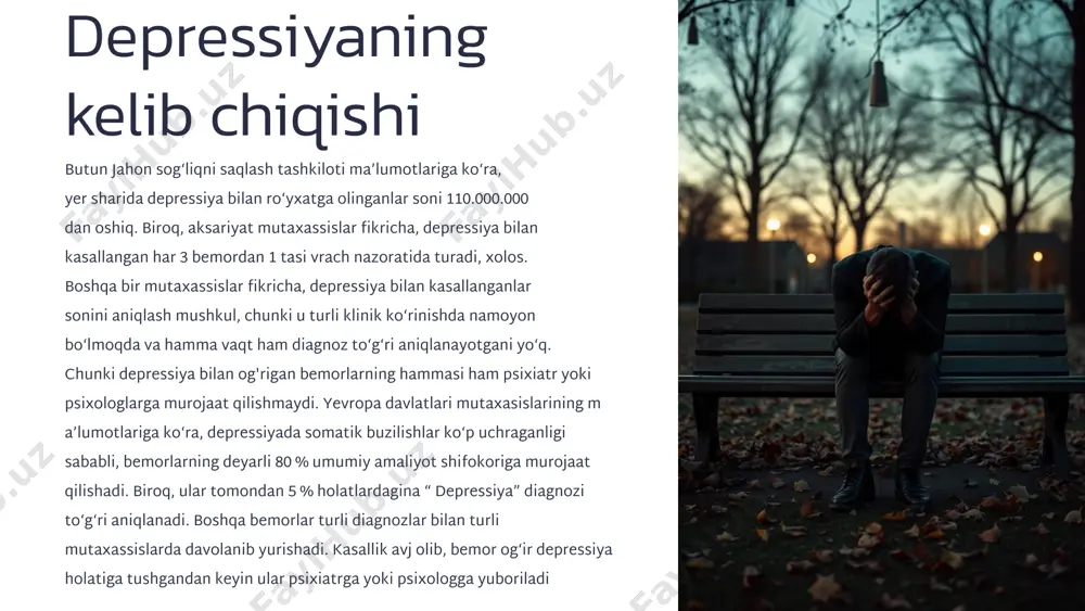 rlarni uning yaqinlari, tanish-bilishlari psixologga murojaat qilishga undashadi. demak, ular psixolog qabuliga majburan kelishadi. 5 depressiyaning klinik belgilari va tavsifi depressiyaning klinik manzarasi turli-tuman bomib, ruhiy-hissiy, somatik, xulq-atvor va kognitiv buzilishlar bilan namoyon bomadi. ularni shartli ravishda quyidagicha ajratib chiqish mumkin. ruhiy-hissiy buzilishlar: - tushkun kayfiyat, umidsizlik, g‘am -g‘ussa, azoblanib yurish; - uyqu buzilishi (uyquchanlik yoki uxlay olmaslik); - doimo xavotirda bomish, dardli ichki kechinmalar, yomon voqealarni kutib yashash, jahldorlik; - aybdorlik hissi, o‘zini hadeb ayblayverish; - o‘zidan qoniqmaslik va o‘zini kamsitish; - yaxshi va yoqimli damlarni eslaganda, qoniqish hosil qilmaslik, atrofdagi voqealarga, yaqinlariga qiziqishning yo‘qolishi yoki kamayishi. somatik buzilishlar: - bosh og‘rigm, bosh aylanishi, tananing turli joyida og‘riqlar; - kardialgiya, nafas olish faoliyatining buzilishlari; - ishtahaning buzilishi (kuchayishi yoki kamayishi); - qabziyat, ba’zi hollarda ich ketish; - libidoning pasayishi, hayz ko‘rishning buzilishi, amenoreya; - jismoniy mehnat bilan shug‘ullanganda tez charchab qolish; - terida qichimalarva h.k. xulq-atvor o ‘zgarishlari: o‘z …