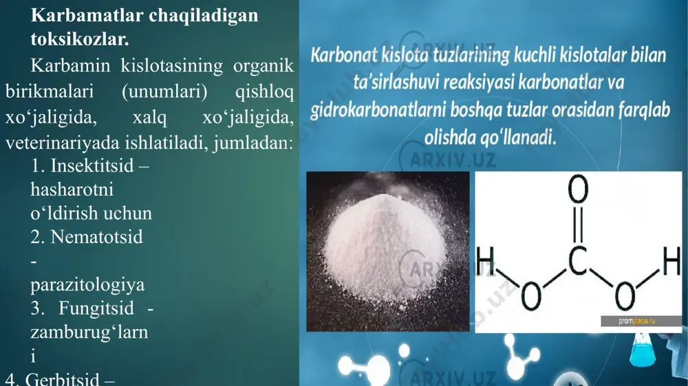 embranalar funksional holati buziladi. na va k ionlari tashilish susayadi. bu esa kalsiy-fosfor balansi buzilishiga sabab bo‘ladi. o‘simlikshunoslikda poliz ekinlarni, urug‘larni, dalalarni paxtachilikda, veterinariyada ektoparazitlarni o‘ldirish uchun qo‘llaniladi. organizmda o‘zgarishlar. xolinoesteraza fermentini faolligini 40 % gacha pasaytiradi, organizm zaxarlanadi, atsetilxolin bilan bu bir necha bor ko‘payadi, appetit yo‘qoladi, zaiflashish, depressiya – tashqi muhitga e’tiborsiz, ko‘z yosh oqishi, terlash, so‘lak oqishi, oshqozon, ichak ish motorikasi bir necha bor oshib ketadi. ko‘z qorachig‘i torayishi, kaltaroq tutadi, terida sezuvchanlik oshadi. keyinchalik hayvonni o‘z vaqtida davolamasa 5-6 kun yordam ko‘rsatilmasa bioximik o‘zgarishlar bo‘ladi. leykotsitlar ko‘payadi, mineral moddalar almashinuvi buziladi. hayvon o‘lgan bo‘lsa epikart, miokart qon quyulishi bo‘ladi, oshqozon, ichak sistemalar ham, hayvon tez ozib ketadi. xronik formaga o‘tsa bolasiga ham o‘tadi. mutogen, kanserogen, spermatoksikoz, embriotoksikoz xususiyatlarga ega. karbamatlar bilan zaxarlanganda davolash. 1. xolinesteraza fementini tiklash uchun antidot tropatsin (5 mg/kg), benzogeksonit (5 mg/kg) va kokarbaksilaza (2mg/kg) kuniga 1 marta 3 kun davomida muskul orasiga …