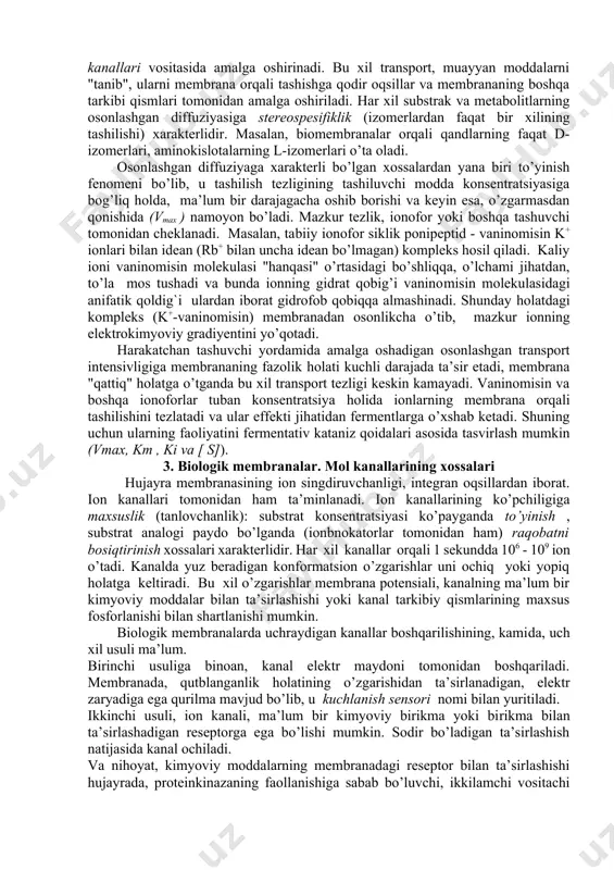 membrana va aksopnazmaning solishtirma =arshinigi. nerv tolasi bo’ylab hpning uzatilish tezligi, norman sharoitda, x0- nuqtadagi (x = 0), v0-ga teng potensialning masofa x-ni bosib o’tishiga bog’liq. nerv impulsining gigant aksondagi yuqori tezligi, r-ning katta bo’lishi, miyelinli tolalarda esa, l-ning kattanashtirinishi evaziga ta’minlanadi. miyenin katta elektr qarshiligiga ega. buning ustiga miyenin qobig’ining qalinligi - l, odatdagi membranalar qalinligidan bin necha yuz marta katta. shular tufayli, miyelinli tolalarda katta bo’lib, harakat potensiali cakrash yo’li bilan uzoq masofaga uzatinadi. 2. sinapslar, ularning turlari yenma-yen joylashgan hujayralararo bevosita aloqa, yuksak o’tkazuvchanlikka ega kontaktlar yordamida amalga oshib, bunday kontaktlar tirqichni birikishlar . deb ataladi. nerv hujayralari nishon hujayralar bilan maxsus kontaktlar - sinapslar . hosil hinish xarakteriga qarab, kimyoviy, elektrik va aranash sinapslarga . bo’linadi. kimyoviy sinapslar holida, hp ta’siridan akson uchlaridan neyromediator ajralib, u sinaps tirqichiga tushadi va postsinaptik membranadagi reseptor bilan ta’sirnashib, nishon hujayrani ye qo’zg’aydi yoki tormoznangan holatga o’tkazadi. nerv uchlaridagi sinaptik …