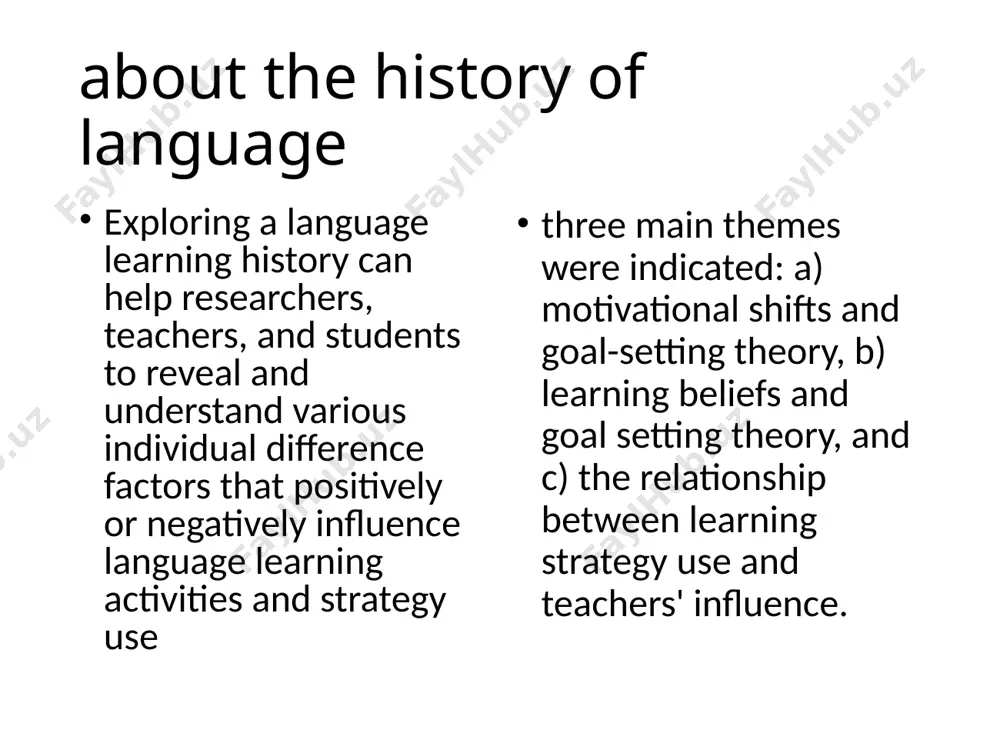 ther variables; on the other hand, when one factor contributed positively to my learning, so did the others. accordingly, noticeable relationships among motivation, learner belief, and learning strategy use were revealed through my learning history. this discovery also aided me in reconsidering how to sustain the positive influence on each individual difference variable in order to develop my english abilities. references barcelos, a. m. f. & kalaja, p. (2011). introduction to beliefs about sla revisited. system, 39(3), 281–289. doi:10.1016/j.system.2011.07.001 benson, p. (2011). teaching and researching autonomy (2nd ed.). harlow, uk: pearson education. boakye, n. (2007). investigating students’ beliefs about language learning. per linguam, 23(2), 1–14. doi:10.5785/23-2-52 cook, v. (2016). second language learning and language teaching (5th ed.). new york, ny: routledge.