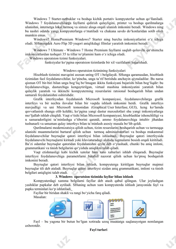 asosiy afzalliklari mavjud: dasturiy ta’minotni o‘zgartiruvchilar boshqalar bilan dasturiy ta’minot imkoniyatlarini yaxshilash va foydalanuvchilarning dasturiy ta’minotga bo‘lgan ehtiyojlarini qondirish imkoniyatiga ega bo‘lishadi. operatsion tizim (ot) kompyuter apparat resurslari orasida barcha faoliyatini muvofiqlashtirish uchun ko‘rsatmalar beruvchi dastur tarkibi hisoblanadi. ko‘pgina kompyuter yoqish va o‘chirish, qurilmalar konfiguratsiya qilish, xotirani boshqarish, vazifalarni muvofiqlashtirish, fayl boshqaruv ish faoliyatini monitoring qilish, tarmoq xavfsizligini ta’minlash, internet ulanishini o‘rnatish va boshqa vositalarni boshqarish va shunga o‘xshash vazifalarni o‘z ichiga oladi. operatsion tizimlar optik disk yoki mobil flesh-xotira tashuvchilari yordamida ishlashi mumkin bo‘lsada, ko‘pkina hollarda operatsion tizim o‘rnatilgan va kompyuterning qattiq diskida joylashgan bo‘ladi. avtonom operatsion tizimlar - stol kompyuterlariga, noutbuklarga, shaxsiy kompyuterlarga yoki mobil qurilmalarga ulanadigan kompyuterlardir. ba’zi operatsion tizimlar klientlar deb ataladi, chunki ular tarmoq operatsion tizimlar bilan birgalikda ishlaydi. tizimda ishlovchi klient tarmoq bilan va tarmoqsiz ishlashi mumkin. 1. windows operatsion tizimining oilasi windows - bu operatsion tizim (ot), ya’ni maxsus dastur bo‘lib, u inson …