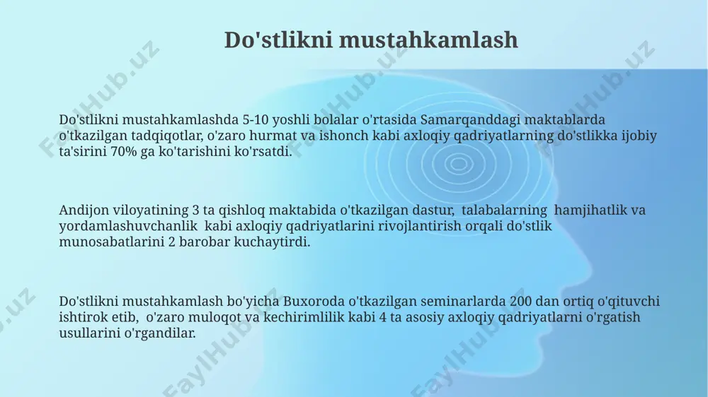 o‘quvchilararo munosabatlar 30% yaxshilandi. “muloqot madaniyati” samarqand davlat universiteti talabalari orasida o‘tkazilgan 2023-yilgi so‘rovnomalarga ko‘ra, 75%i o‘zaro hurmat va ochiq muloqotni do‘stlikning muhim omili deb hisoblaydi. konfliktlarni hal qilish samarqanddagi 5-sinf oʻquvchilarining 70%i oʻzaro kelishmovchiliklarni tinch yoʻl bilan, ya'ni muloqot va kompromisslar orqali hal qilishni afzal koʻrishadi, qolganlari esa kattalarning yordamiga murojaat qiladilar. andijonda oʻtkazilgan 100 nafar oʻquvchi bilan oʻtkazilgan soʻrovnoma natijalariga koʻra, 85% oʻquvchilarning fikricha, hamdardlik va kechirimlilik, konfliktlarni samarali hal qilishning muhim omillari hisoblanadi. 2022-yilda oʻtkazilgan tadqiqotlar shuni koʻrsatdiki, toshkentdagi maktablarda oʻquvchilarning 30%i doʻstlikdagi nizolarni adolatli va teng huquqli muloqot orqali hal qilishga harakat qilishadi. adolat va halollik surxondaryo viloyatidagi 1000 talabadan olingan so'rovnoma natijalariga ko'ra, adolatli va halol munosabatlarning 70% do'stlikning uzoq muddatli bo'lishiga yordam beradi. samarqanddagi 2022-yilgi ta'lim konferentsiyasi ishtirokchilari adolat va halollikning tengdoshlar o'rtasidagi ishonchni 15% ga oshirishini va shuning uchun do'stlikni mustahkamlashini ta'kidlashdi. adolat va halollik, 5 yoshdan 12 yoshgacha bo'lgan bolalar orasida o'zbekiston …