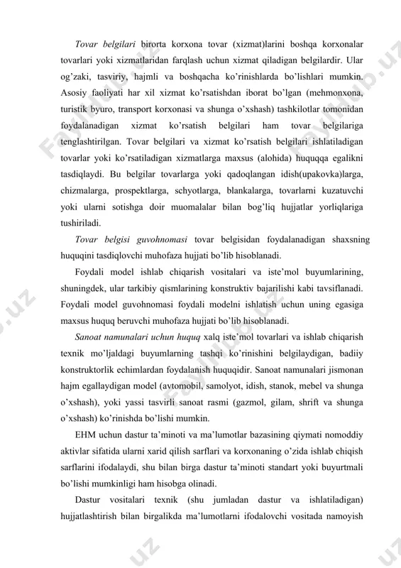 olinadi. dastur vositalari texnik (shu jumladan dastur va ishlatiladigan) hujjatlashtirish bilan birgalikda ma’lumotlarni ifodalovchi vositada namoyish etadi. ehm uchun dastur ta’minotlarini va ma’lumotlar bazasini muhofaza qilish mualliflik huquqi vositalari orqali amalga oshiriladi. firmaning amaliy shuhrati - goodwill - buxgalterlik hisobi va auditga oid adabiyotlarda har xil nomlanadi. masalan, firmaning bahosi, firmaning yaxshi nomi, firmaning amaliy aloqalari va boshqalar. firmaning amaliy shuhratiga har xil omillar ta’sir etadi. jumladan, xaridorlar, kreditorlar va xizmatchilar bilan munosabatlar, ishlab chiqarish va boshqaruv tuzulmasi, firmaning joylashgan o’rni va boshqalar. nomoddiy aktivlarning bu turi o’zining mazmuniga ko’ra sotgan korxona balansida turgan mulklarning bahosi bilan sotib olgan korxona tomonidan to’langan haqiqiy baho o’rtasidagi farq sifatida ifodalanadi. ko’rinib turibdiki, nomoddiy aktivlarning bu turi odatda bir korxona tomonidan qandaydir bir boshqa biron bir korxonani sotib olishda vujudga keladi. agar sotilayotgan korxona yoki xaridorlar firma obro’sining qiymatini oldindan bilishni hohlasalar, u holda ular kompaniya oladigan o’rtacha tarmoq foydasidan oshadigan foyda normasidan …