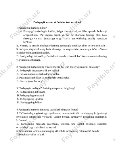 pedagogik mahorat fanidan test savollari — DOCX