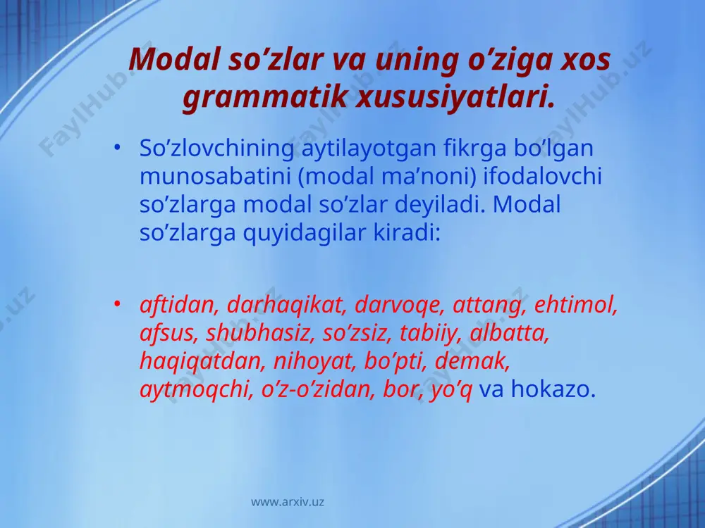 asini bajaradi. masalan: - xatingga javob keldimi? – yo’q. www.arxiv.uz www.arxiv.uz modal so’zlarning ma’no jihatdan turlari. modal so’zlar yuqorida aytilganidek, fikrga turli xil modal ma’nolarni qґshadi. shunga ko’ra modal so’zlar ma’no xususiyatlariga ko’ra quyidagi turlarga bo’linadi: www.arxiv.uz www.arxiv.uz 1. fikrning aniqligi, ishonch, ma’qullash kabi modal ma’nolarni ifodalovchi modal so’zlar: albatta, shubhasiz, o’z-o’zidan, haqiqatdan, tabiiy, darhaqiqat kabi. 2. gumon, chama, noaniqlik kabi modal ma’nolarni ifodalovchi modal so’zlar: ehtimol, balki, hoynahoy, chog’i, aftidan, mazmuni, chamasi, shekilli. 3. maqsad, talab, shart kabi modal ma’nolarni ifodalovchi modal so’zlar: kerak, zarur, darkor, lozim kabi. 4. mavjudlik va tasdiqni ifodalovchi modal so’zlar: bor, mayli, xo’p. 5. mavjud emaslik, inkor, e’tiroz: yo’q kabi. 6. ma’qullash ma’nosini ifodalaydi: durust, bo’pti. 7. yakunlash ma’nosini ifodalovchi modal so’zlar: demak, xullas, modomiki. 8. eslatish ma’nosini ifodalovchi modal so’zlar: darvoqe, aytganday, aytmoqchi. 9. achinish, taassuf ma’nosini ifodalovchi modal so’zlar: afsus, attang, essiz. www.arxiv.uz www.arxiv.uz adabiyotlar ro’yxati: 1. u.tursunov, n.muxtorov, sh.rahmatullaev. hozirgi o’zbek …
