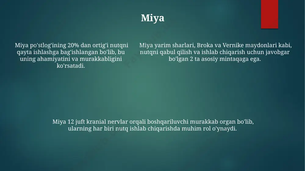 nida qatnashadigan asosiy organlar 2 ta oʻpkadan, 12 juft qovurgʻadan, diafragmadan va nafas yoʻllarining turli qismlaridan iborat boʻlib, ularning hamkorligi muhim ahamiyatga ega. oʻpkalar taxminan 300 million alveolani oʻz ichiga oladi, ular gaz almashinuvi maydonini 70-100 kvadrat metrga yetkazadi, bu esa kislorodni samarali qabul qilishni taʼminlaydi. diafragma, nafas olishda asosiy rol oʻynaydigan mushak, har bir nafas olishda taxminan 1-1,5 sm ga pastga tushadi va koʻkrak qafasining hajmini kattalashtiradi, bu esa oʻpkaga havo kirishiga olib keladi. havo yo'llari нафас олишда ҳаво йўлларининг кенгайиши ва тортишиши 30% гача ўзгариши мумкин ва бу овознинг баландлигига таъсир этади. ҳаво йўлларининг диаметри 5-10 мм гача бўлиши мумкин ва бу нафас олиш тезлигига ва овоз чиқаришга таъсир қилади. ҳаво йўлларидаги кичик тиллалар, яъни 1-2 мм диаметрли эпителий тўқимасининг тузилишлари, овознинг тембрига ўзгаришлар киритади. e'tiboringiz uchun rahmat @taqdimot_robot image1.png image2.png image3.png image4.png image5.png image6.png image7.png image8.png image9.png image10.png