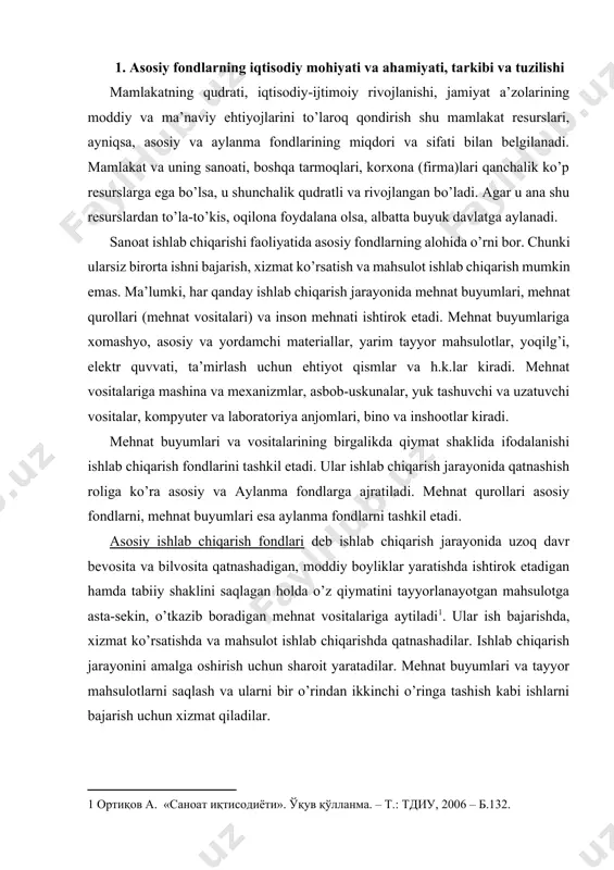 yliklar yaratishda ishtirok etadigan hamda tabiiy shaklini saqlagan holda o’z qiymatini tayyorlanayotgan mahsulotga asta-sekin, o’tkazib boradigan mehnat vositalariga aytiladi[footnoteref:1]. ular ish bajarishda, xizmat ko’rsatishda va mahsulot ishlab chiqarishda qatnashadilar. ishlab chiqarish jarayonini amalga oshirish uchun sharoit yaratadilar. mehnat buyumlari va tayyor mahsulotlarni saqlash va ularni bir o’rindan ikkinchi o’ringa tashish kabi ishlarni bajarish uchun xizmat qiladilar. [1: ортиқов а. «саноат иқтисодиёти». ўқув қўлланма. – т.: тдиу, 2006 – б.132. ] asosiy fondlar ulardan foydalanish maqsadiga ko’ra ishlab chiqarishda bevosita va bilvosita qatnashishiga qarab, ishlab chiqarish jarayonida qatnashadigan va qatnashmaydigan fondlarga ajratiladi. ishlab chiqarishda qatnashadigan asosiy fondlarning maqsadi moddiy boyliklar yaratishda ishtirok etishga qaratilgan bo’lsa, ishlab chiqarishda qatnashmaydigan asosiy fondlarning maqsadi xodimlarning moddiy va madaniy ehtiyojlarini qondirishdan iboratdir. sanoatning asosiy fondlari mamlakat milliy boyligining muhim qismini tashkil etib, bu ko’rsatkich mustaqillik yillarida yildan yilga oshib bormoqda. 1995-2015 yillar mobaynida sanoatning asosiy fondlari 576 marta o’sdi. o’zbekiston respublikasi sanoatining jami asosiy ishlab …